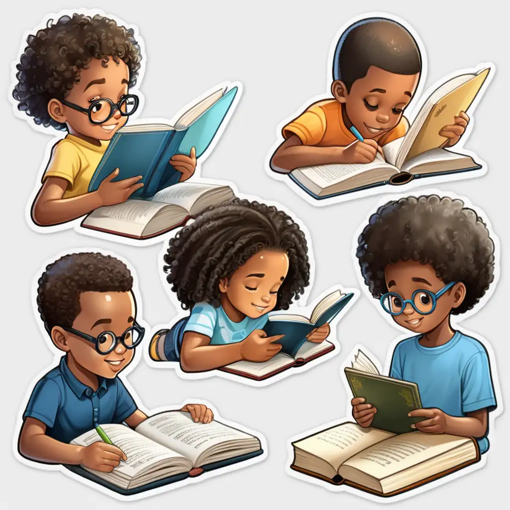 Educational Sticker Sheet Black Children Reading and Doing Homework