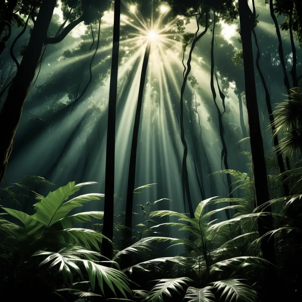 Mystical Dusky Jungle with Towering Trees and Ethereal Light