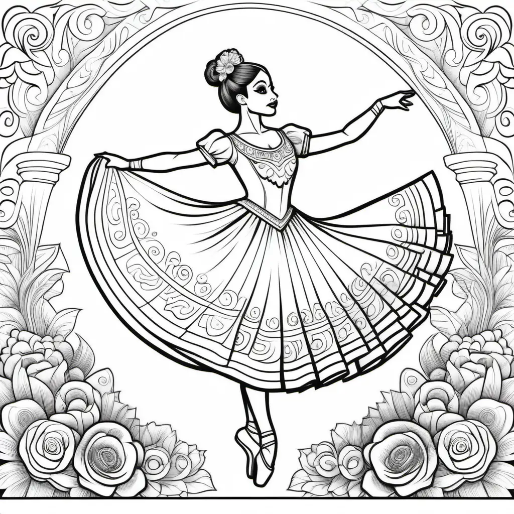 coloring page for adults, ballet folklorico, cartoon style, detailed, thick lines, no shading -- ar 9:11