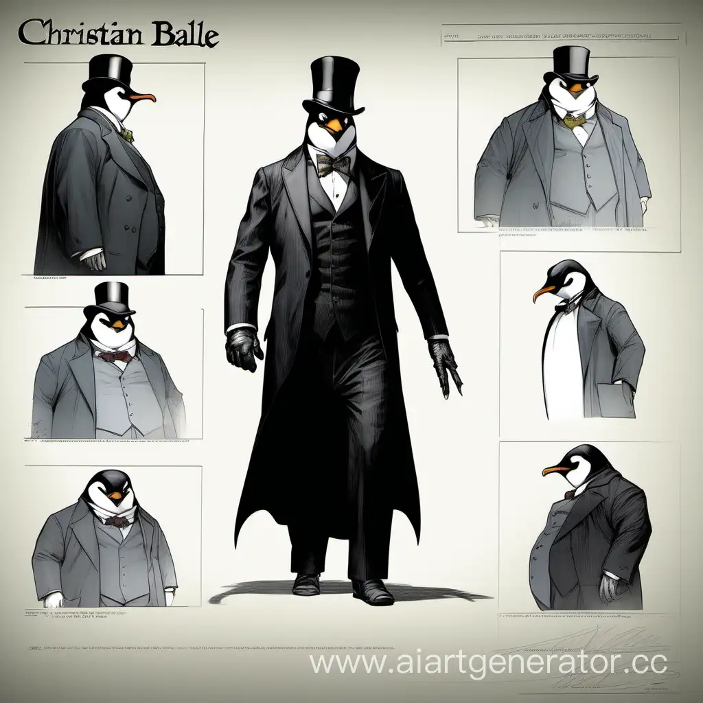 Christian Bale as the Penguin, dc, arkham asylum, concept art, fat, monocle, cylinder