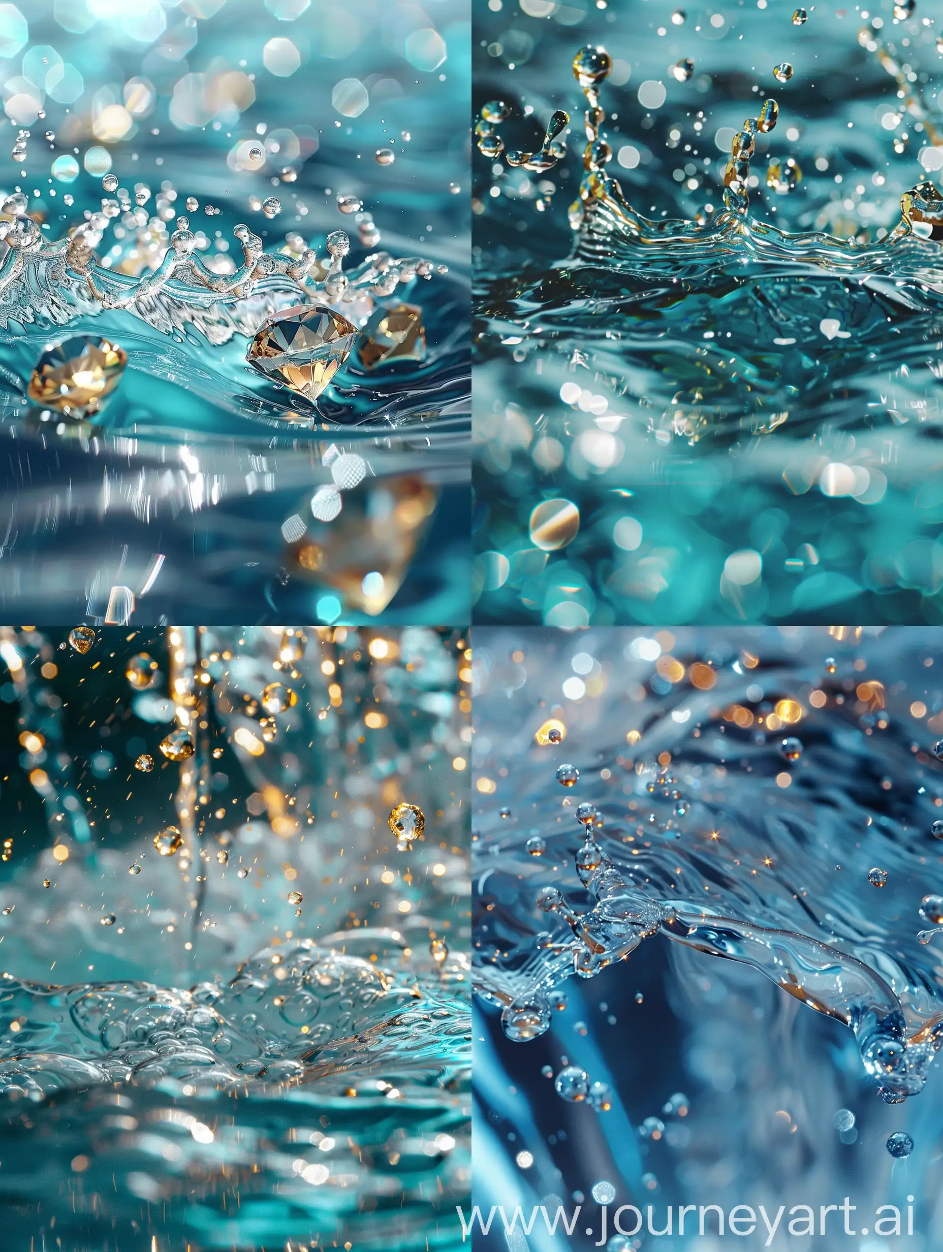 流水，蒂芙尼蓝，光泽感，水花溅起金色的钻石光泽