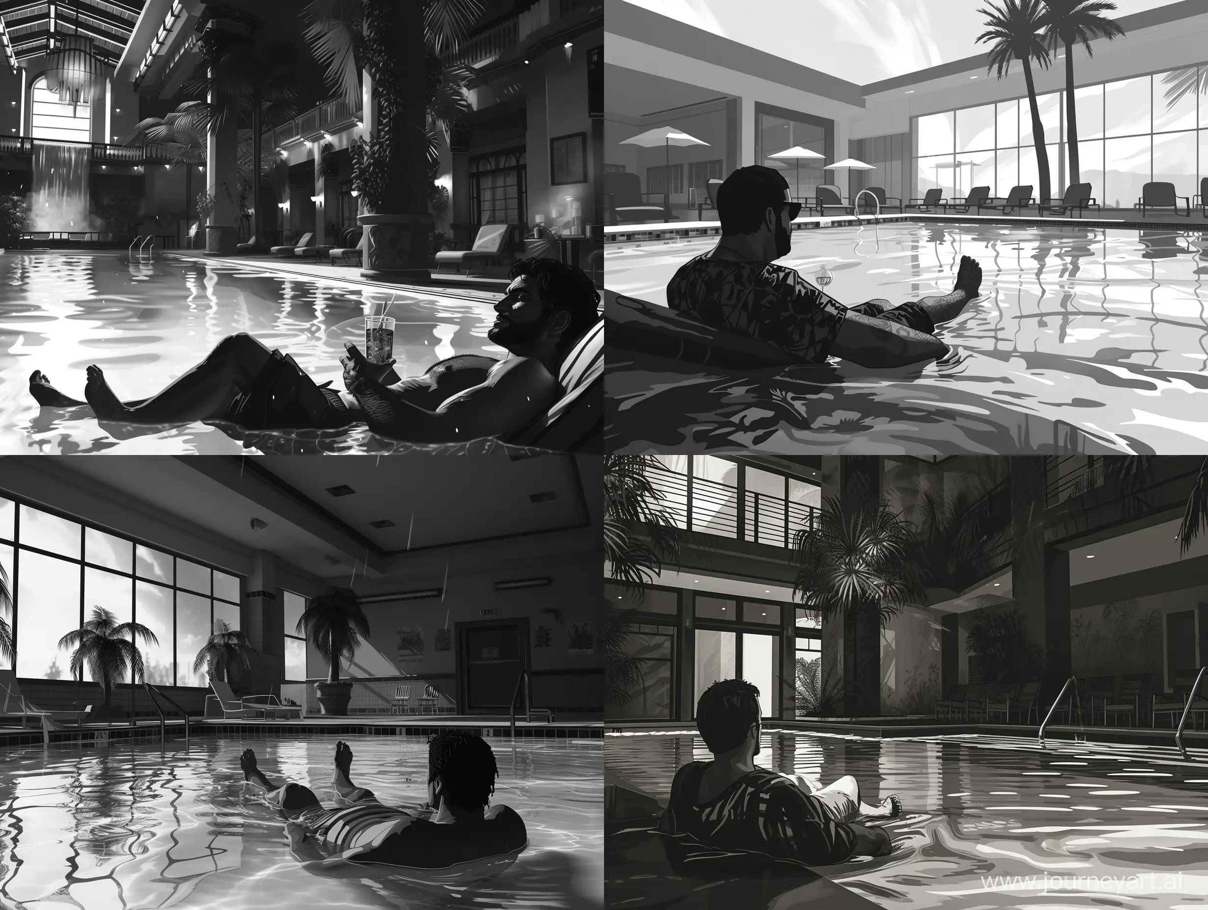 man relaxing in swimming pool, hotel interior, grand theft auto artstyle, loading screen, celshading, highly detailed, black and white only.