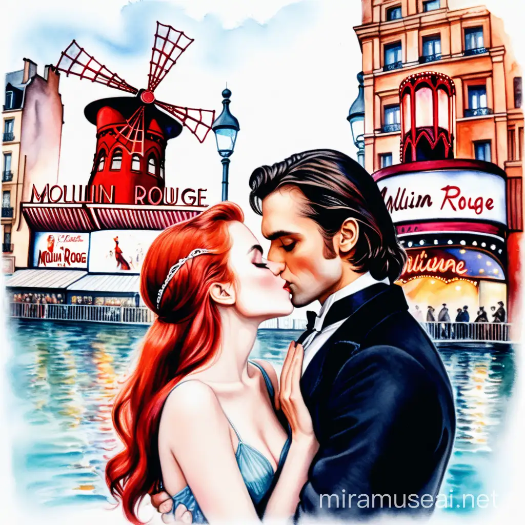 satine and christian kissing, with moulin rouge in the background, in water color style, white background