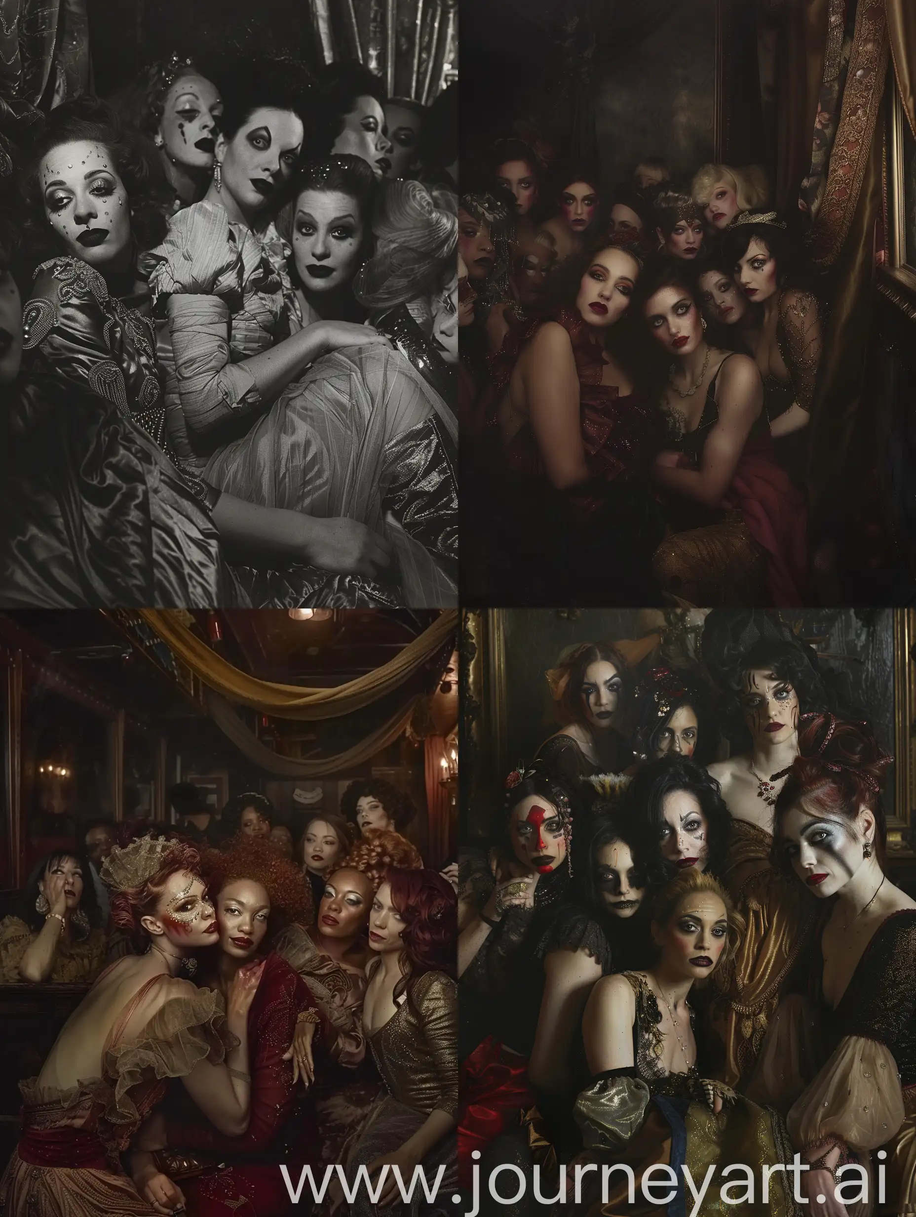 Elegant-Women-in-Opulent-Attire-Gathered-in-Dimly-Lit-Room