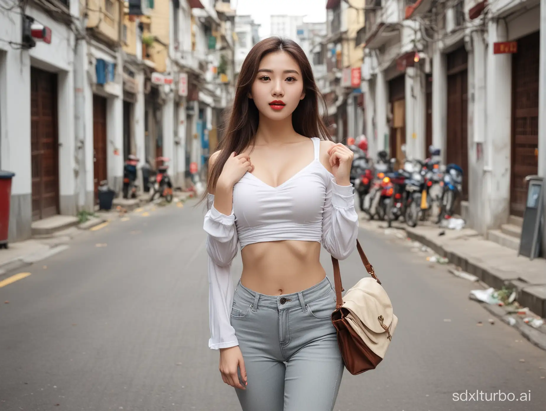 The Chinese girl, 18 years old, Quan Zhixian, red lips, slender figure, sexy, well-developed chest, plump, beautiful like a fairy, long flowing hair, white shirt, yoga pants, protruding above and curving below, cleavage, left hand carrying a bag, right hand on the hip, standing sideways on the street gazing affectionately at the camera, full-body shot, masterpiece.