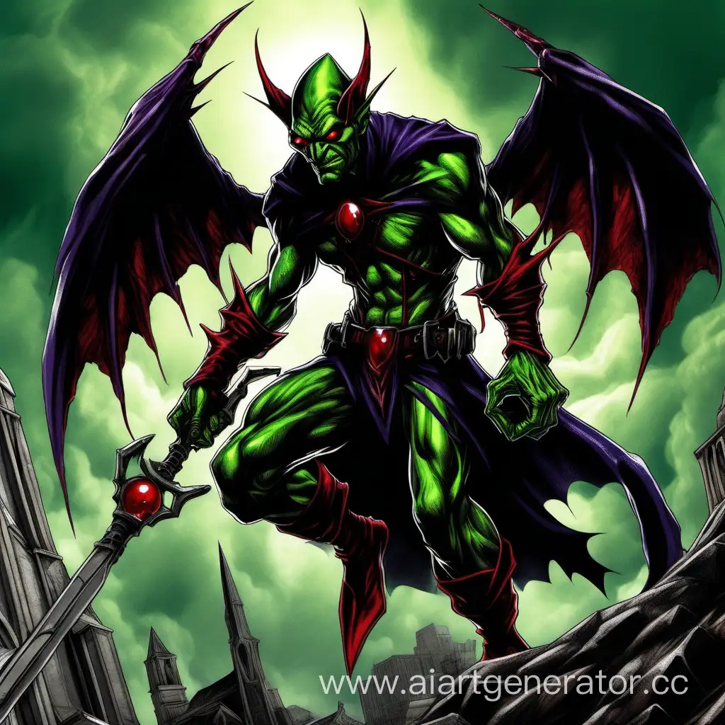 apostle of despair, evil green goblin, red eyes, black wings with a hint of scarlet, thigh band, staff in hand with a red stone.
