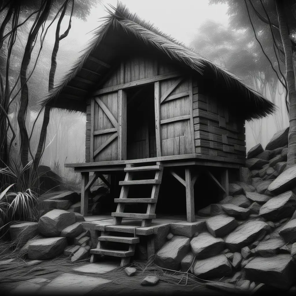 Illustrate artistically a small hut in charcoal sketch art, intricate details, hyper realistic photography,--v 5, unreal engine,