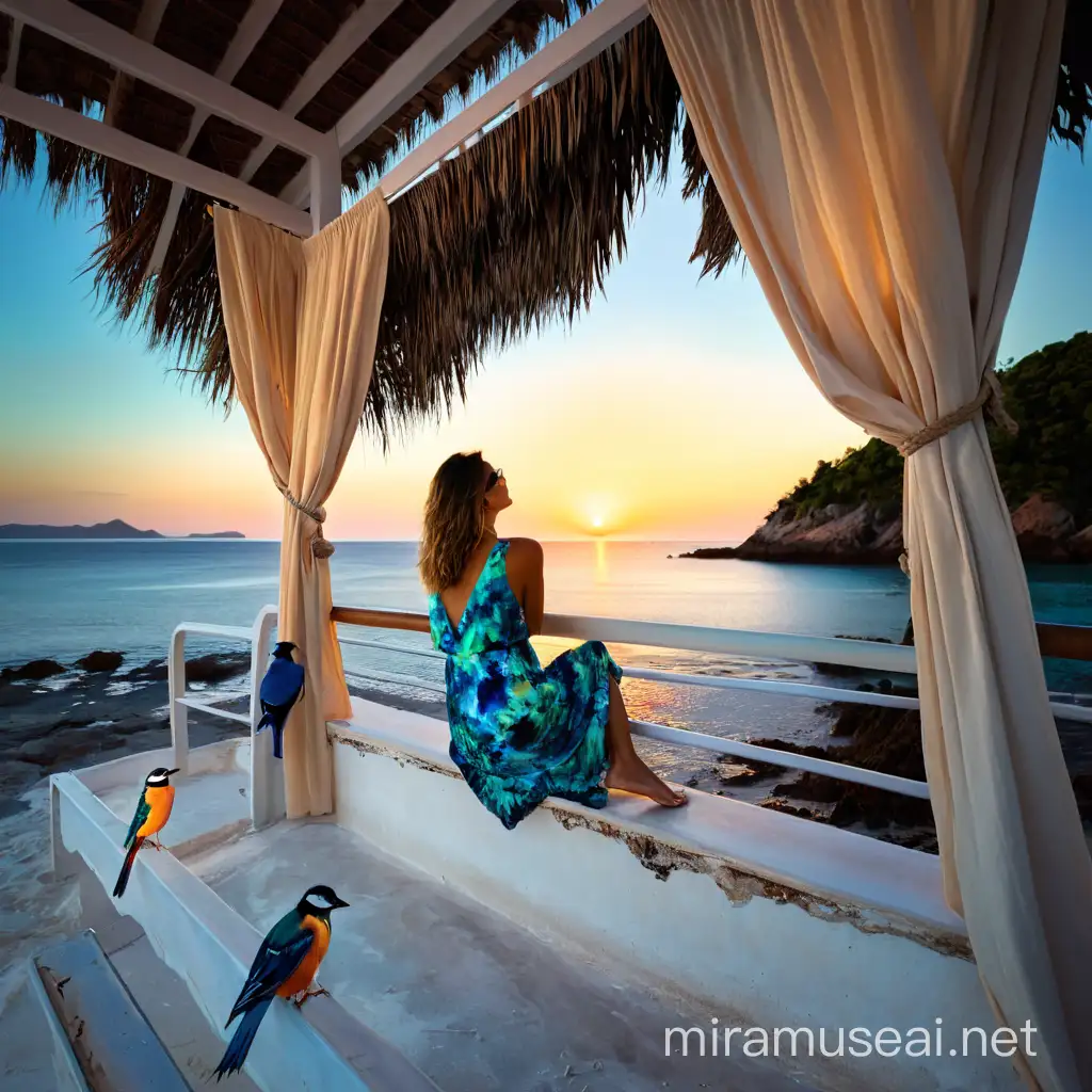 Alcohol Ink Painting of Woman Enjoying Sunset Seascape on Seacoast