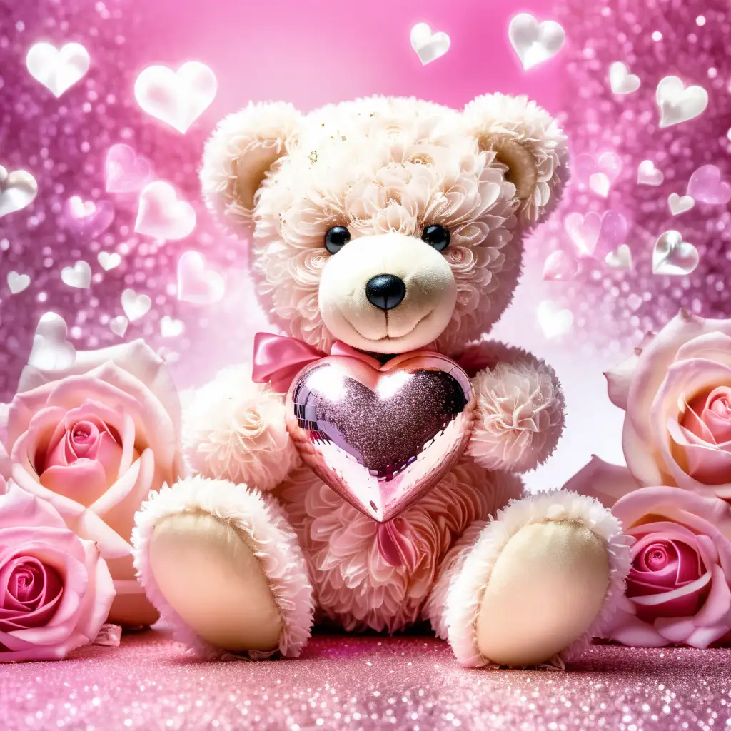 teddy bear holding a glowing glittery valentine heart, bi-colored white and pink roses, in a pink and white colorsplash background, glitter, glowing, filigree, spraklecore, pearlescents, high definition, soft lens, shimmering effects, 2024 on the bear foot