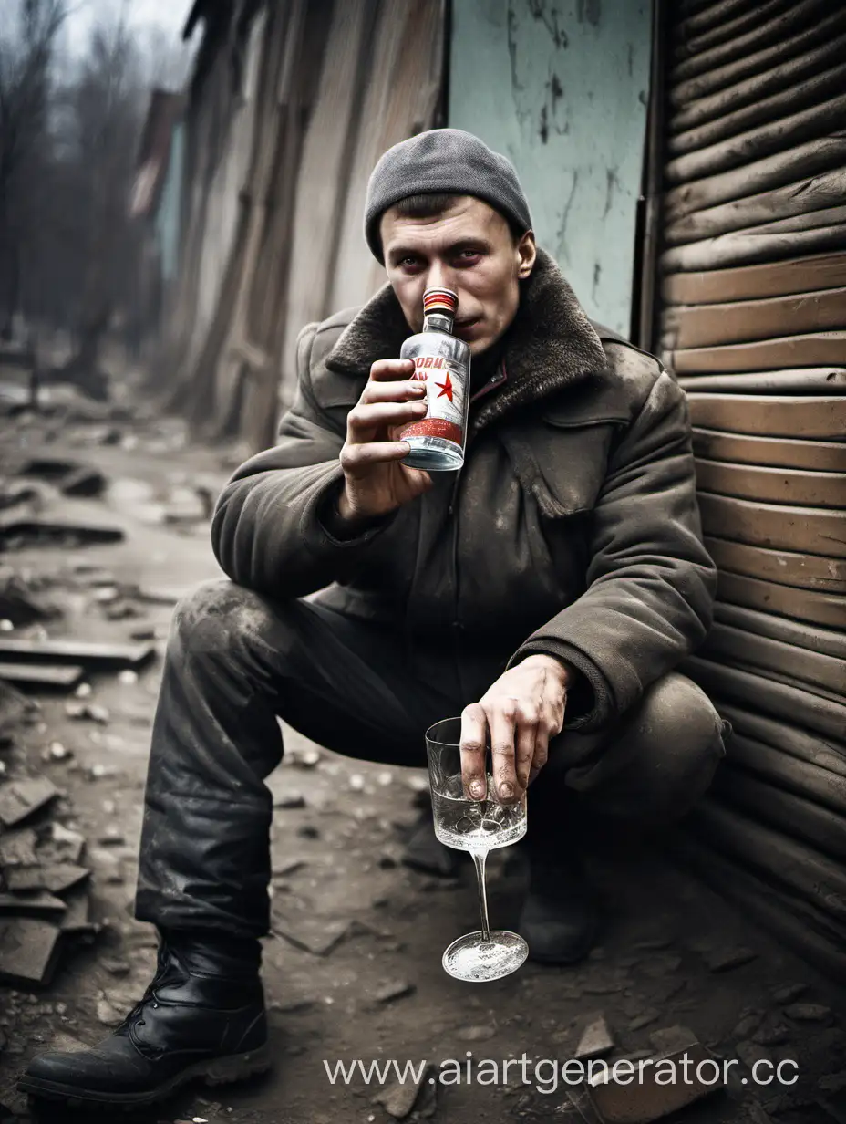 Russian Man drinking Soviet Voldka in Dirty Place