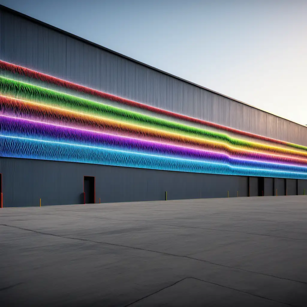 Colorful warehouse exterior with 3d pulse line running across one wall