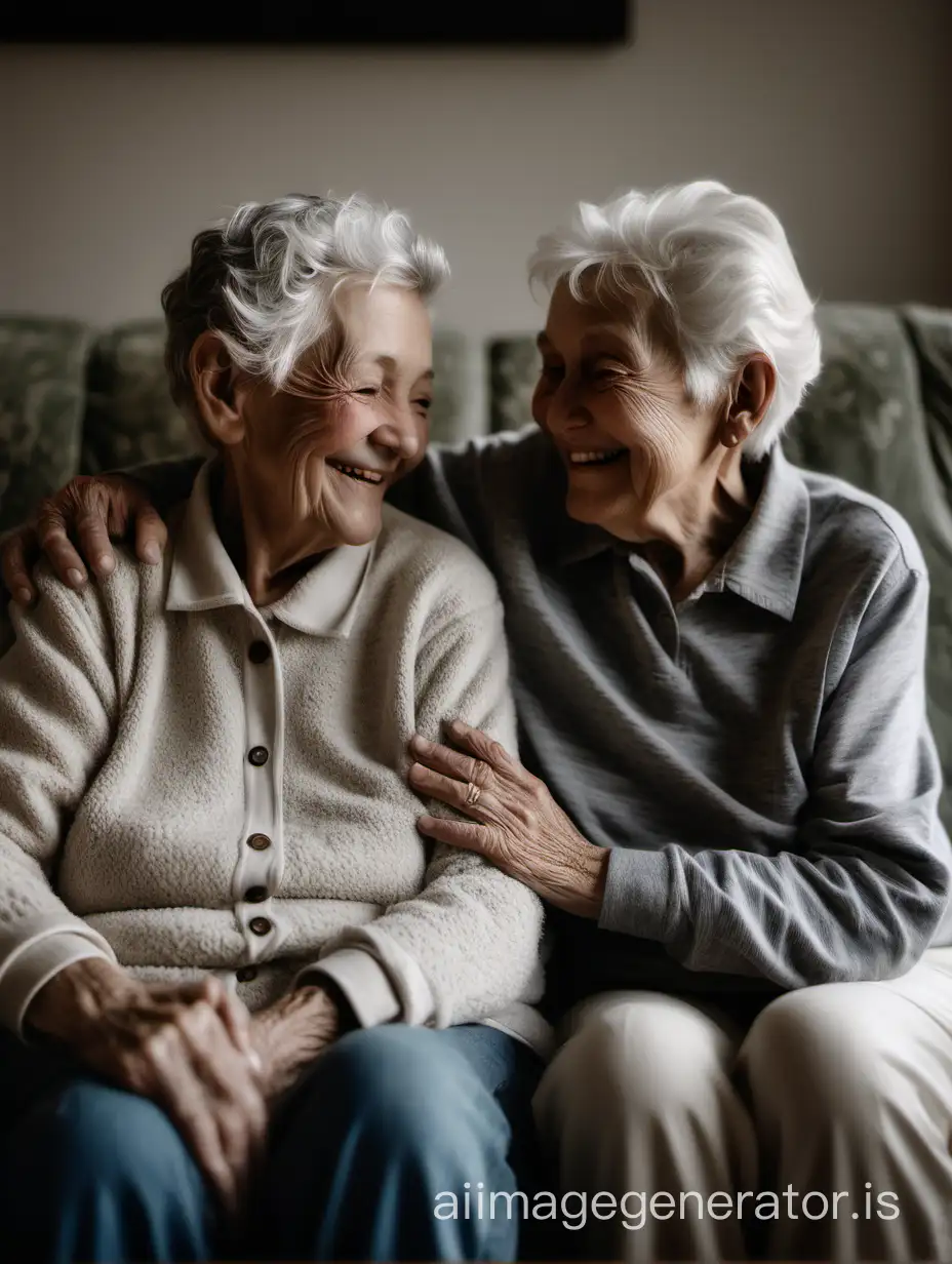 Within the cozy confines of a living room, an elderly couple sits together on a worn-out couch, their intertwined hands and knowing smiles reflecting a lifetime of love, companionship, and shared memories.