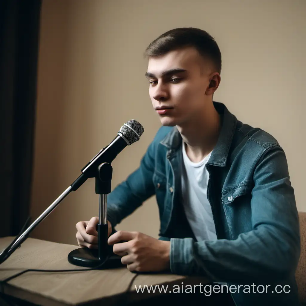 русский юноша сидит за микрофоном и озвучивает какой то текст