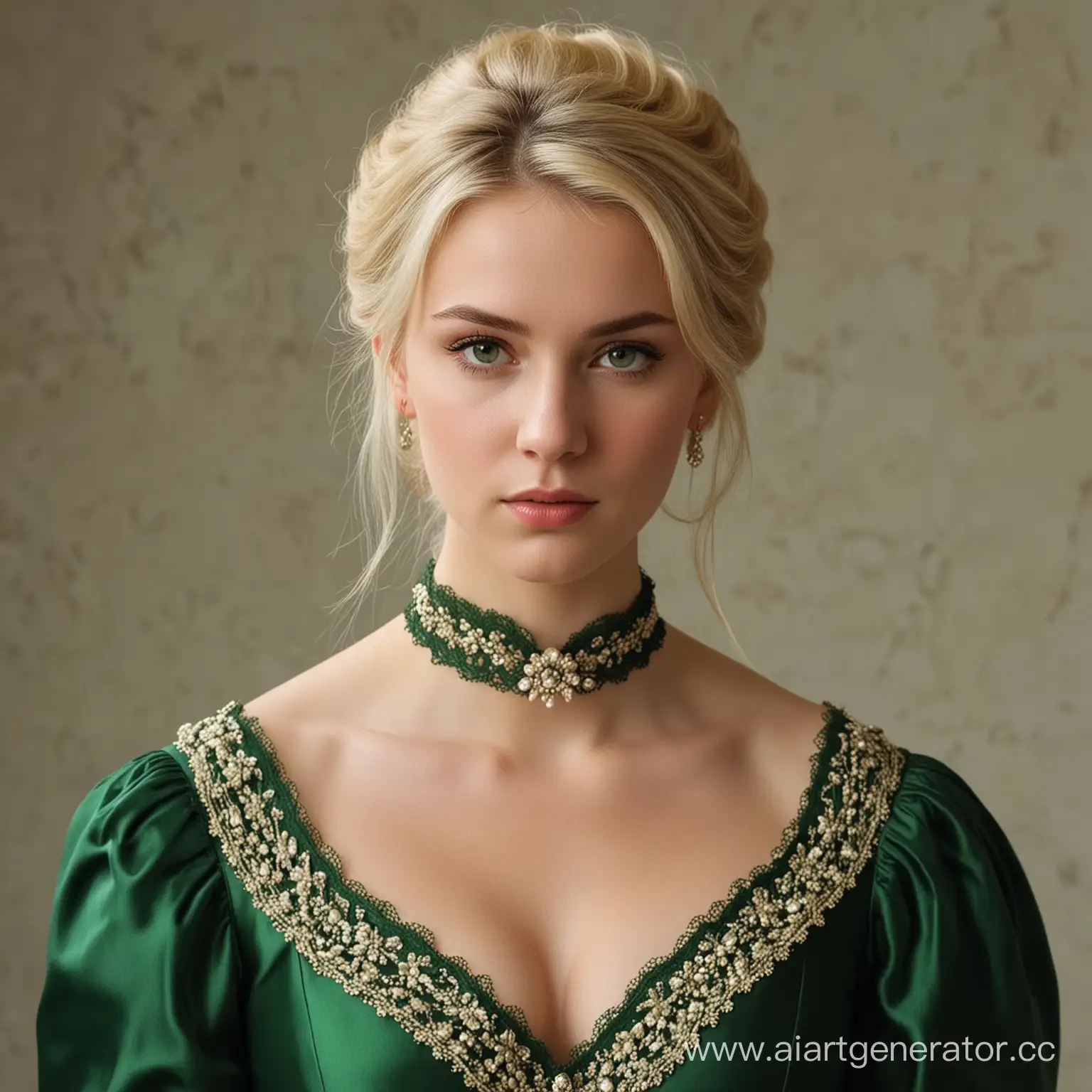 Blonde-Aristocrat-Girl-in-a-Striking-Green-Dress-with-Strict-Facial-Features