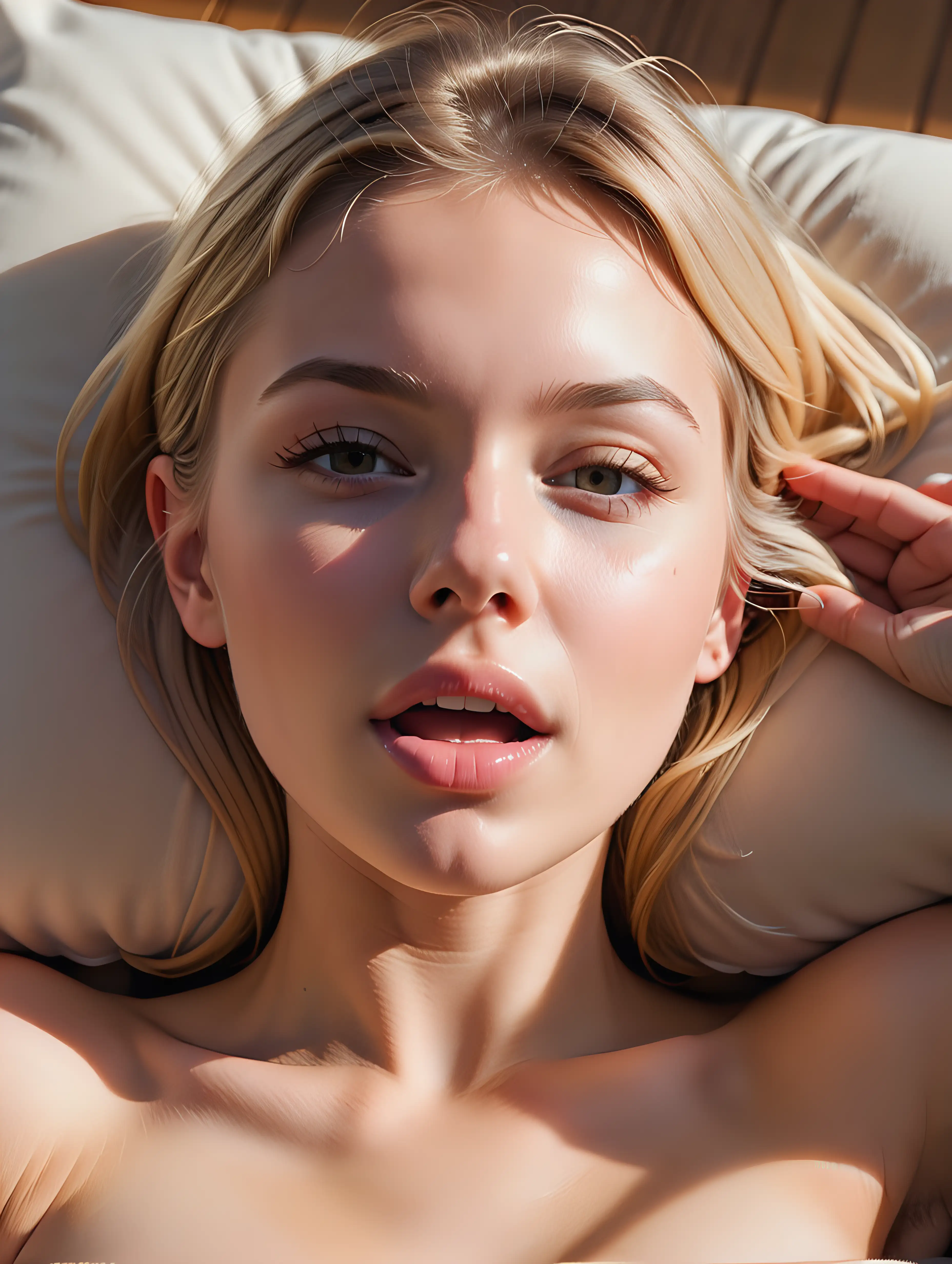 naked 20 year old blonde woman close-up of her mouth slightly open afternoon sun laying on pillow