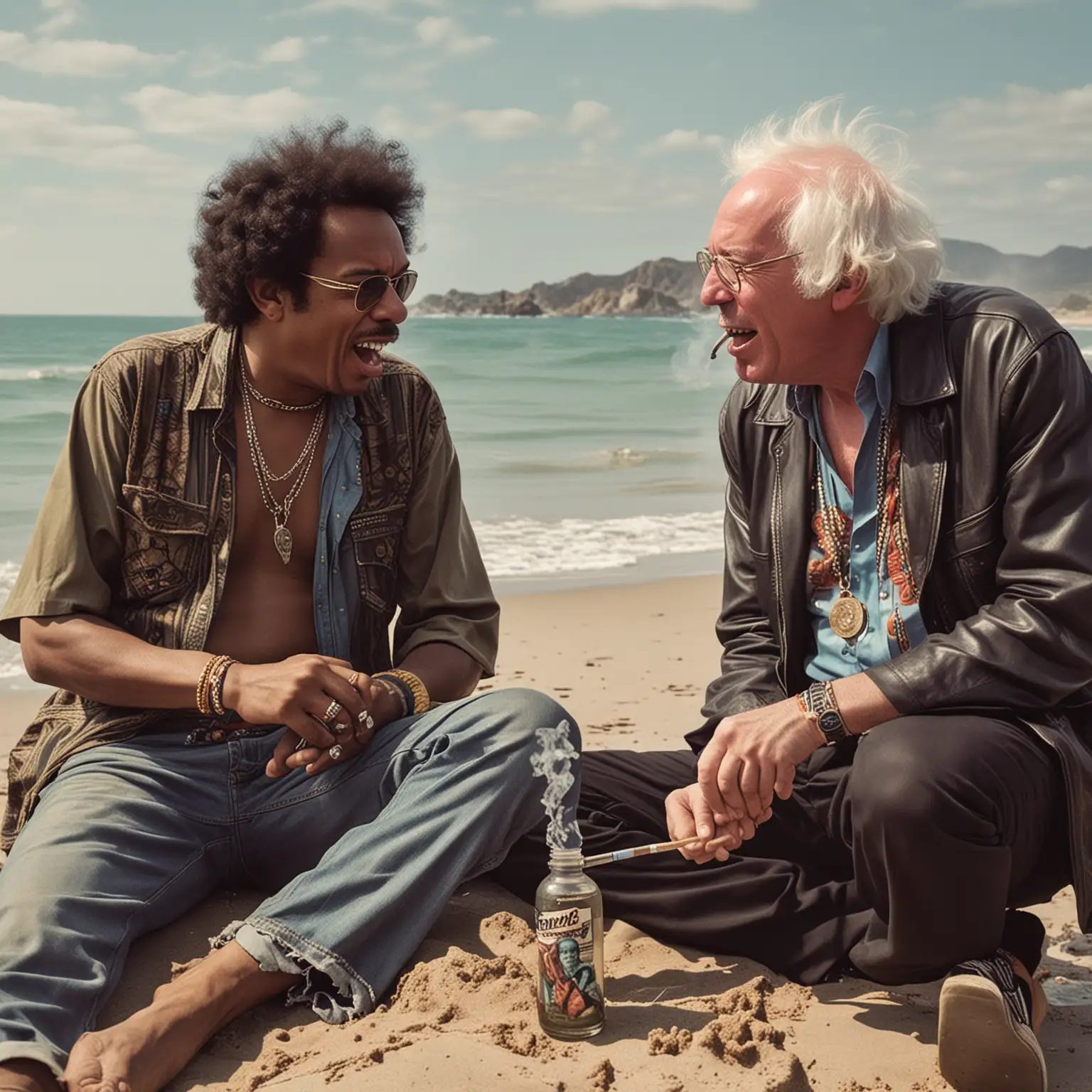 bernie sanders ripping a bong with jimi hendrix. they are sitting on the beach laughing as they get high.