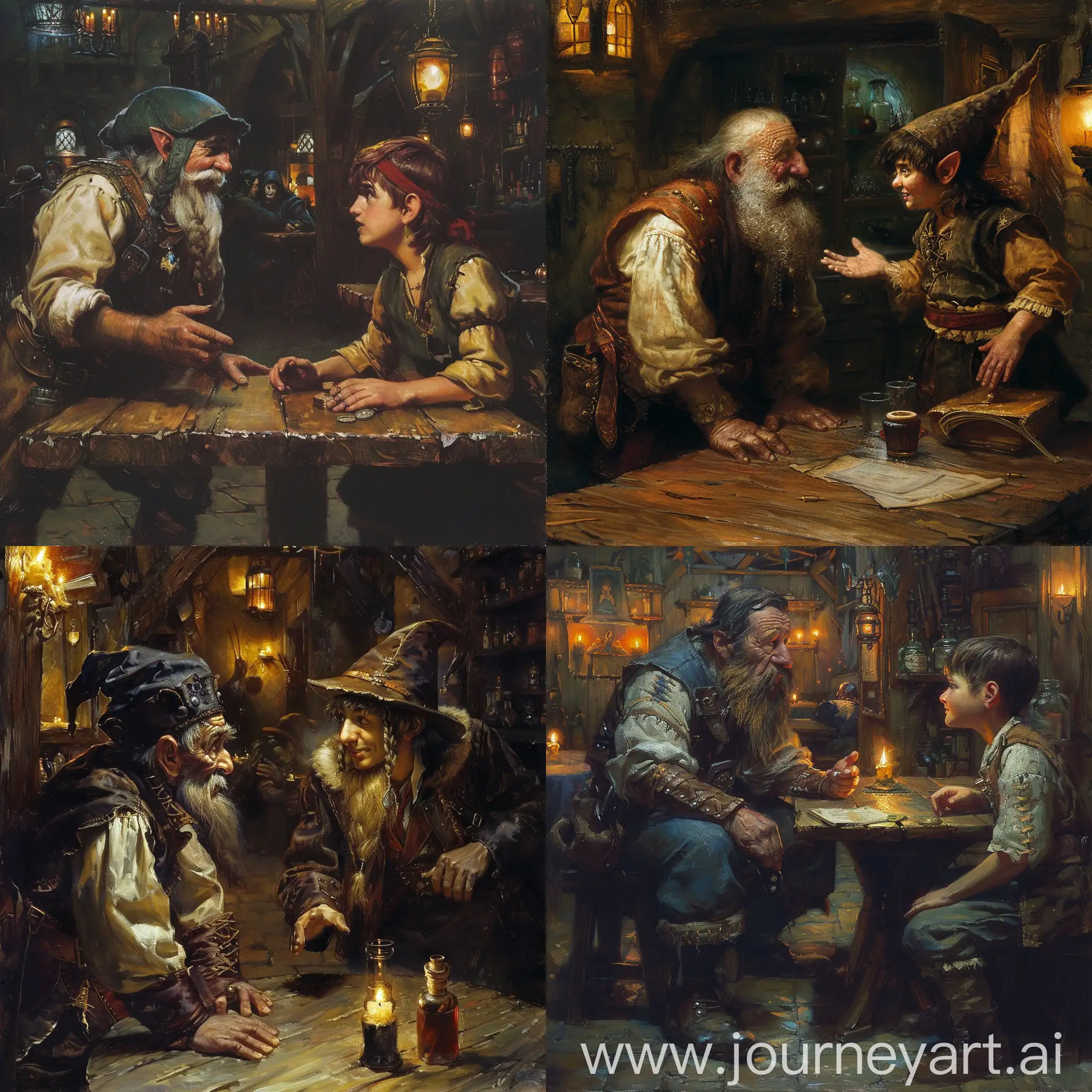 Zwerg in düsterer Taverne an Tisch mit jungem Magier diskutieren