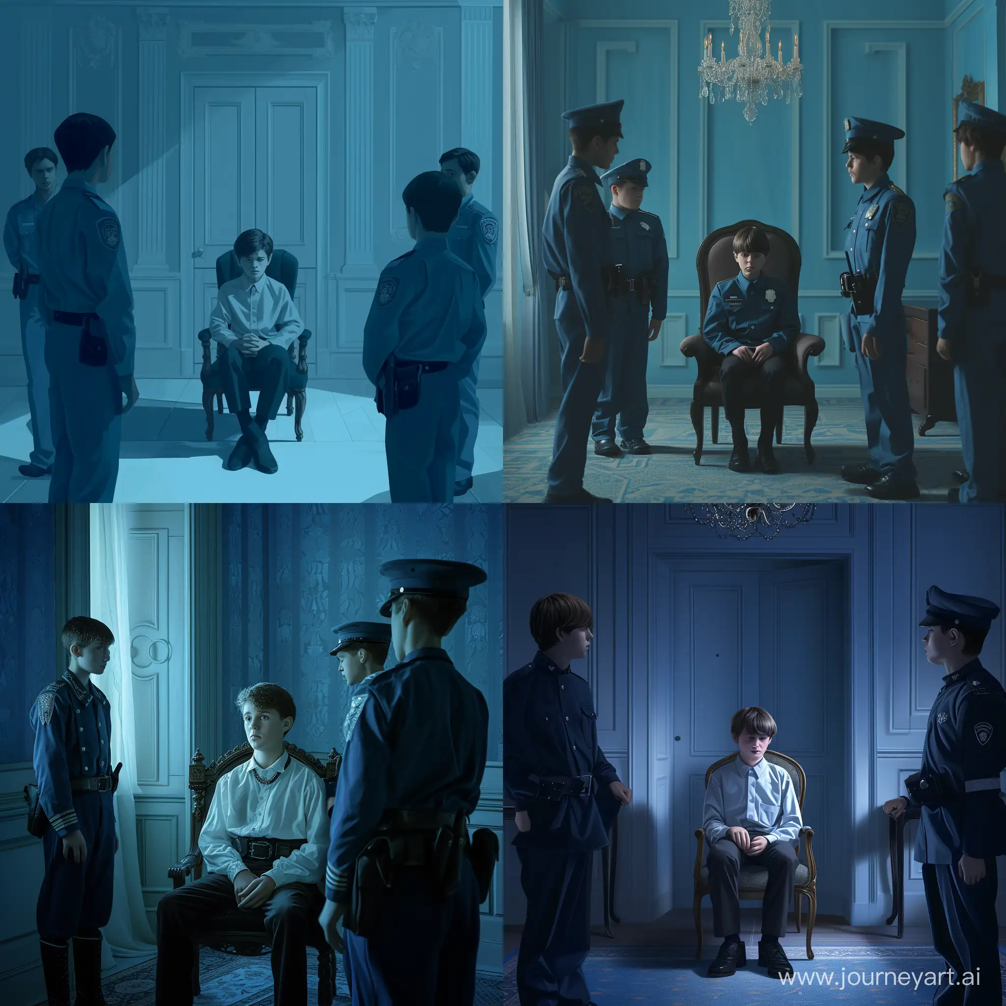 A 16-year-old boy sits in a room when 14-year-old teenagers acting as police officers come to report to him that he has been fired from his government job. The room is quite elegantly minimalistic, decorated in blue tones. The image should be rendered in 19th century style. The mood of the scene should be tense and emotional, reflecting the internal conflict and drama of the moment