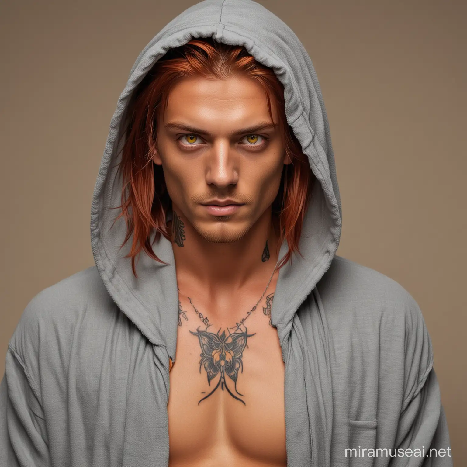 ]tanned skin. tying mid length red hair. yellow eyes. wearing a grey robe. his tattoo cover half of his face