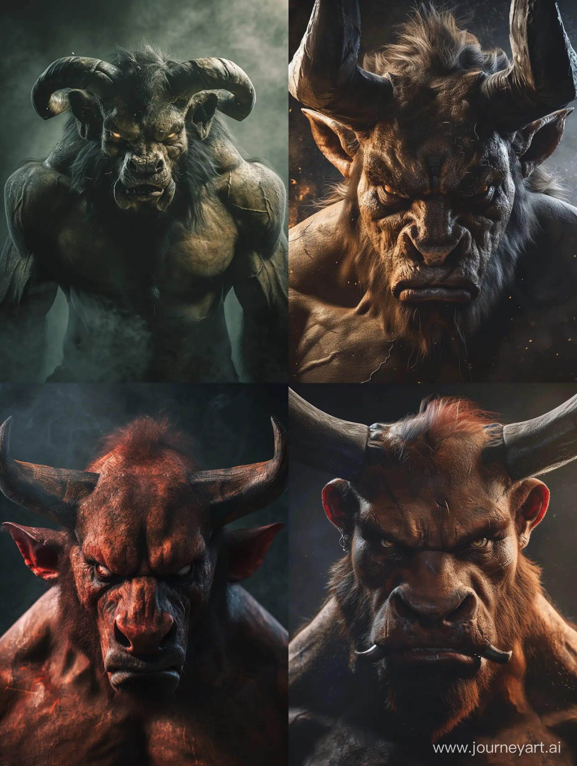 A minotaur looking straight at its face expresses anger, full body, terror, fear. 8K