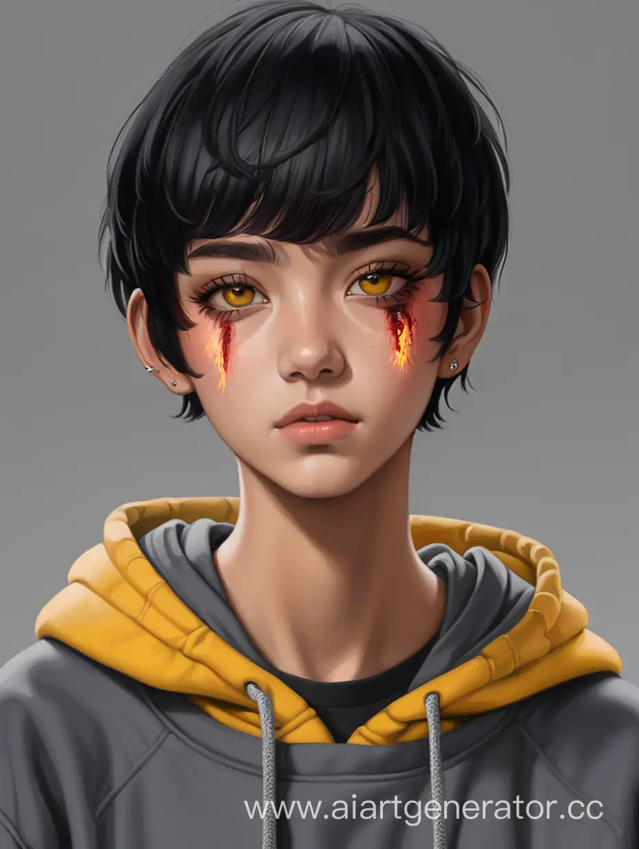 Young woman; 28 years; 165 cm; short black hair; boyish-like haircut; there is a massive burn scar on the left side of the face; right eye yellow; left eye red; thick; wearing a dark gray pullover and hoodie