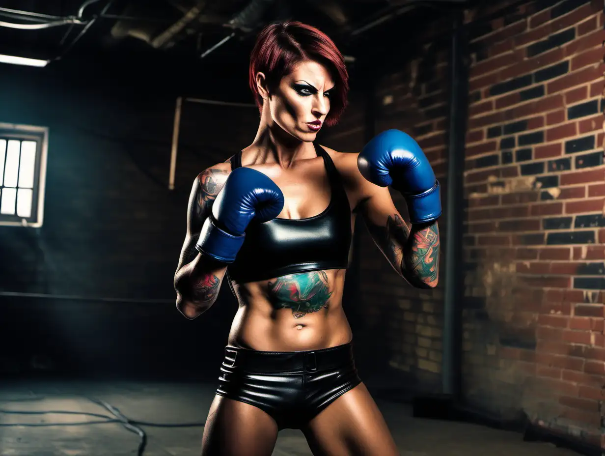 Tall extremely muscular woman with short brown hair and colorful tattoos in a basement room with brick walls wearing a black leather bikini and black boxing gloves sneering and ready to fight