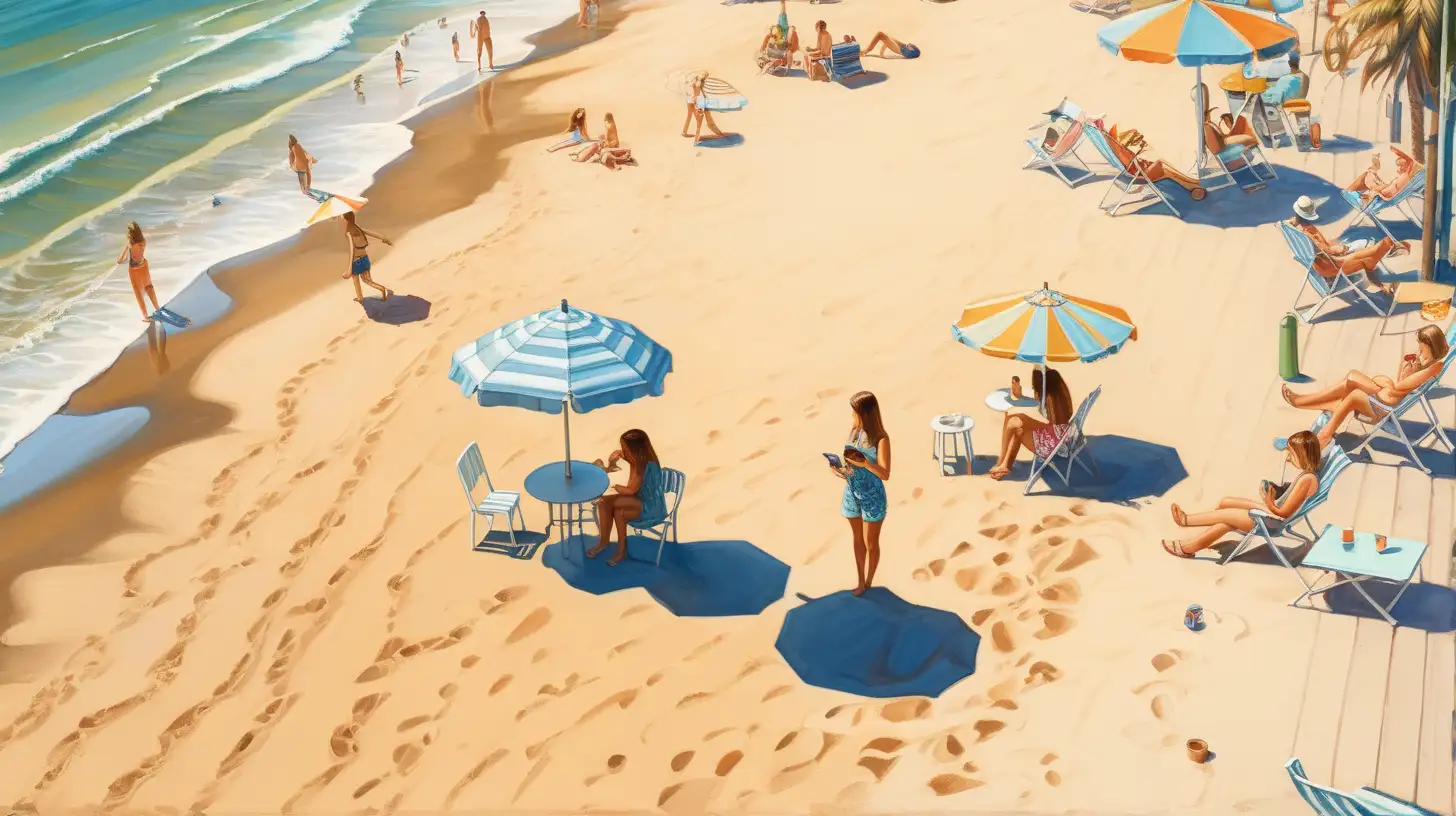 California beach, strong shadows evoke the intensity of the summer sun, camera angle from directly above far above, woman looking up at us, no one else in the painting but her, iced coffee in her hand, coffee stand and parasol nearby, vividly colored illustration as if you could hear the cheerful air and light beach sounds, both people and scenery are drawn in a near flat form, not three-dimensional