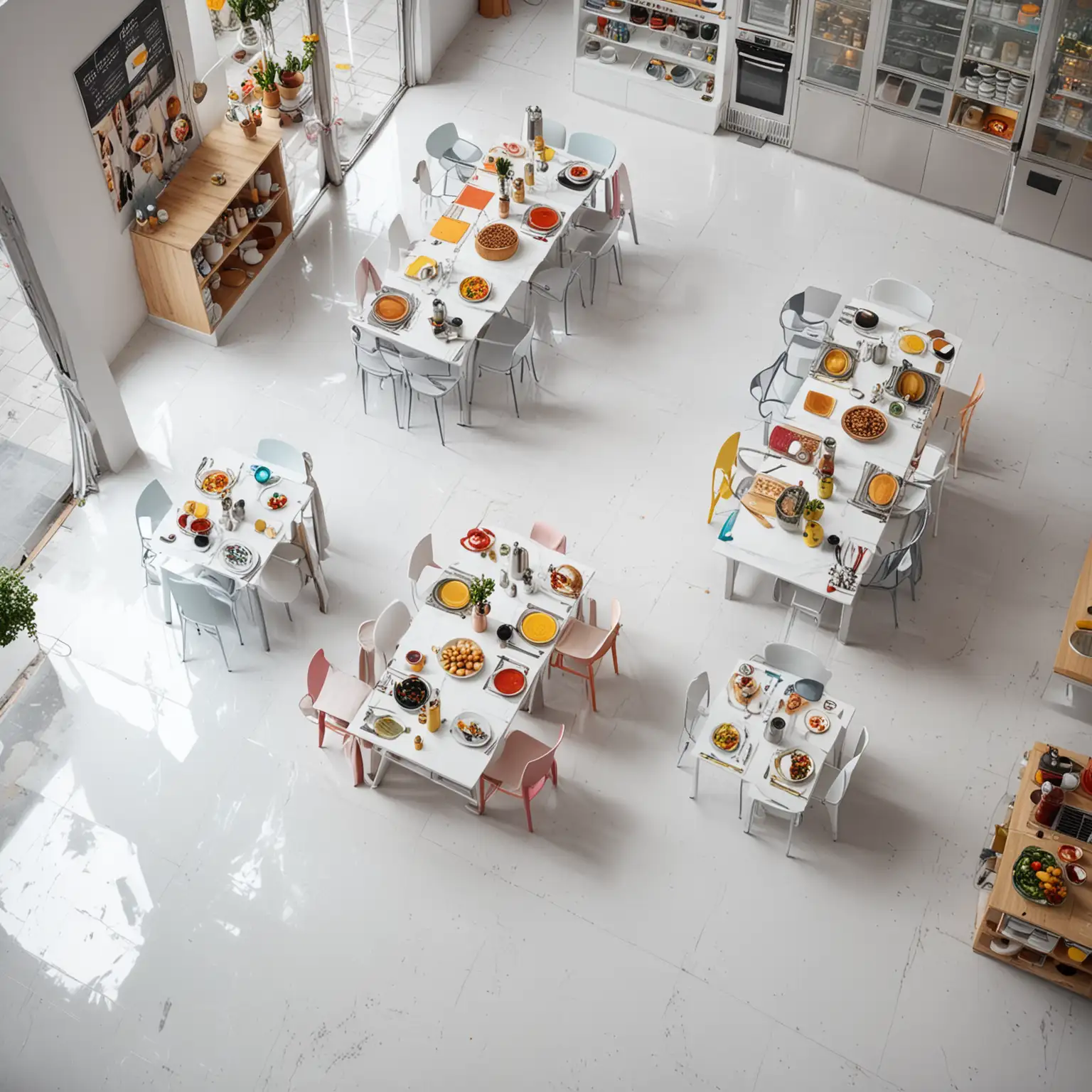 2d top view of large room cafe very modern dinning tables and kitchen shop and hologram white floor coloful kitchen with ai technology and hologram colors top view
