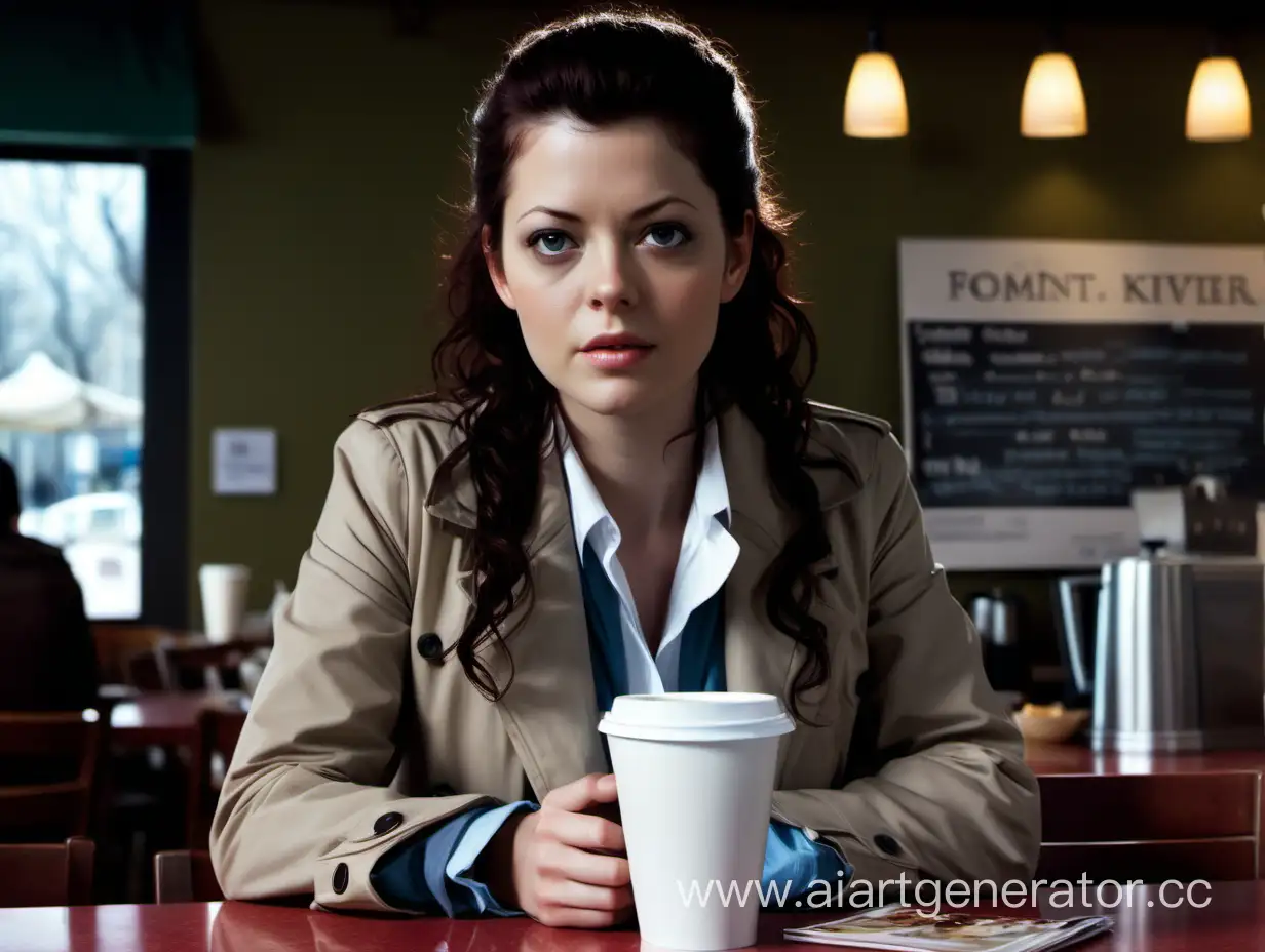 Female castiel in the cafe with coffee