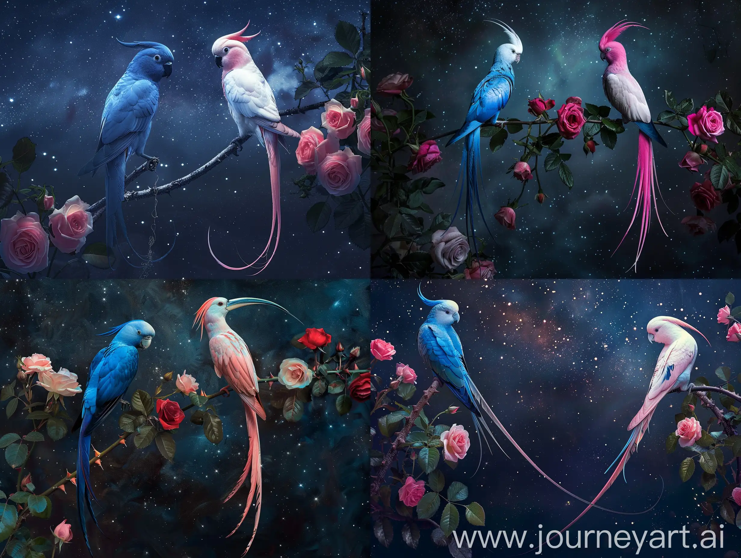 Две очень красивые райские птицы с длинными хвостами, одна синяя вторая розовая ,сидят на ветке с ррзоввмиирозами, на фоне ночного темного звездного неба,профессиональное фото ,гиперреализм ,высокое качество