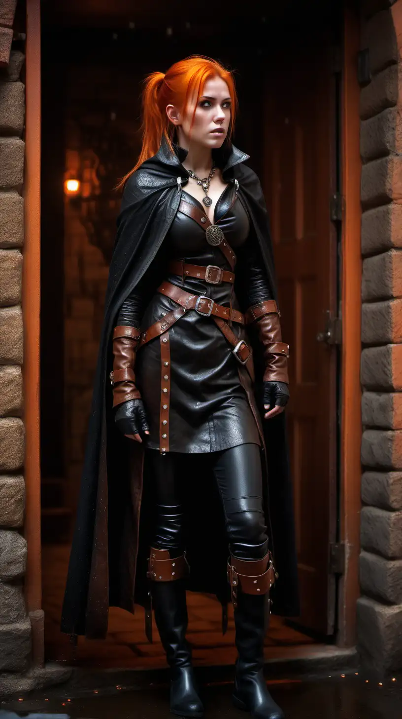 female rogue, worried expression, cute, strong, warm brown revealing leather clothes, black leather boots, long black leather cloak, amulet necklace, small stud earrings, orange jewels, bright orange hair, ponytail, standing in a dark doorway, medieval fantasy, medieval city exterior, heavy rain, full-body photo, super-detailed, hyper-realistic