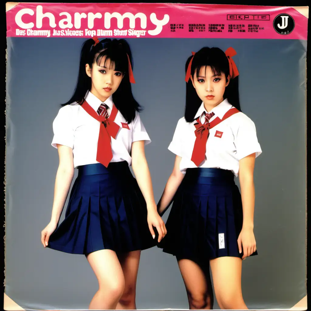 record sleeve for 1980s j-pop duo, with photograph of two young adult female singers, dressed in seifuku and short skirts, by a temple, title is “Charmy”, includes company logo and price markings, slightly worn condition