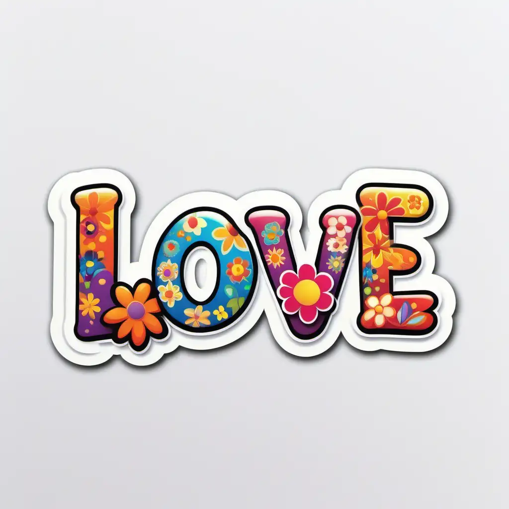 word ,love, typography,bright colorful flowers, groovy  ,cartoon style, sticker,white background