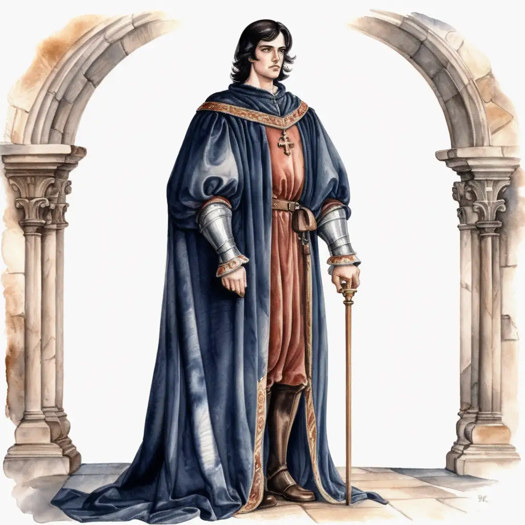 dark haired medieval noble standing regally, dark watercolor drawing, no background