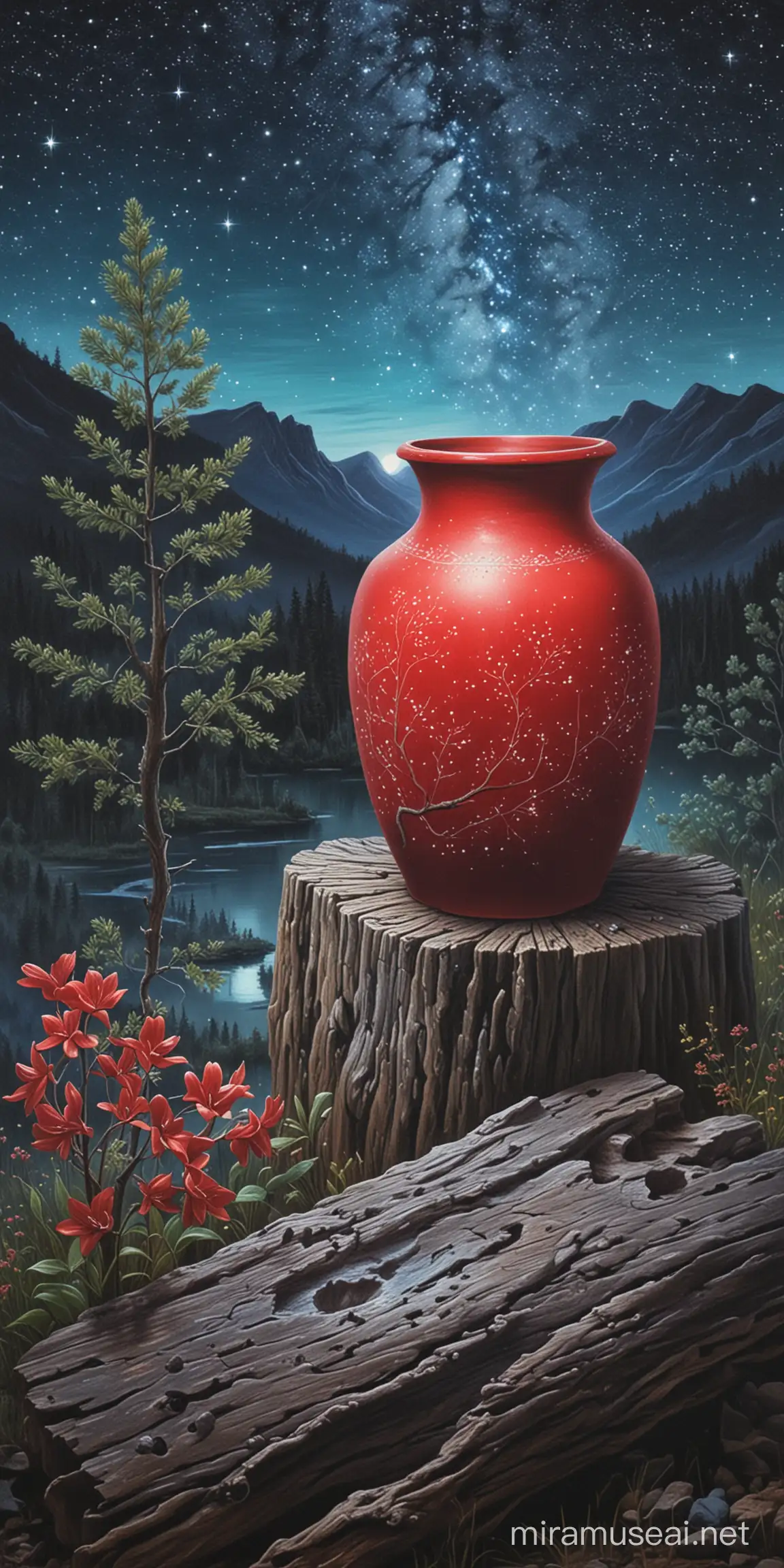 vase rouge posé sur une souche dessin aux pastels image décors cartes art divinatoire art pastels montagne en fond ciel de nuit étoiles brillantes