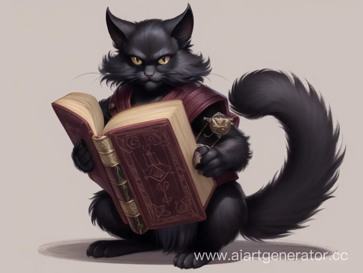 Concept art, which depicts a daredevil from the cat people with black fur and a large fluffy tail, holding a grimoire in one hand, a symmetrical fluffy character
