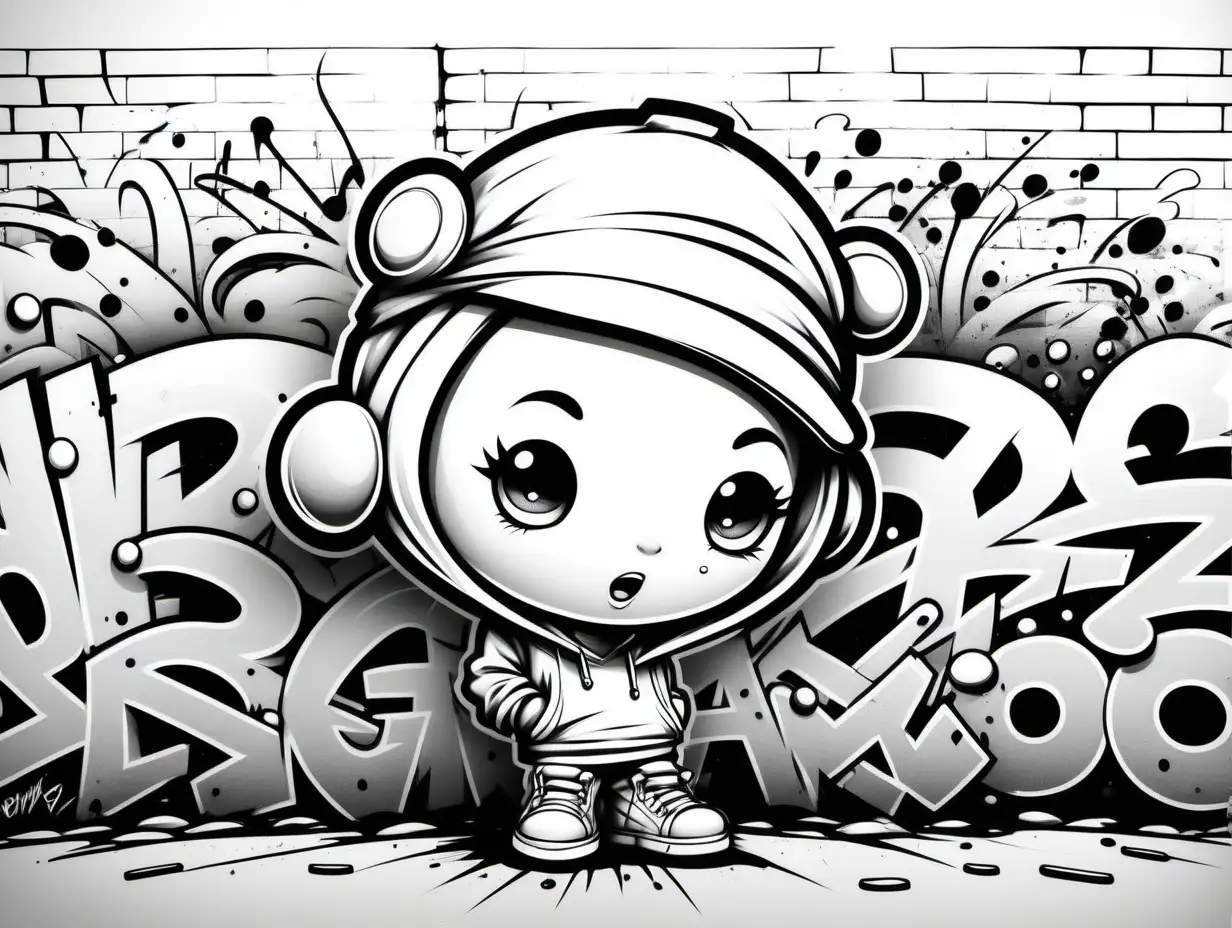 Create a coloring page, all white , black outline, graffiti art , graffiti characters, no shading, low detail, white background