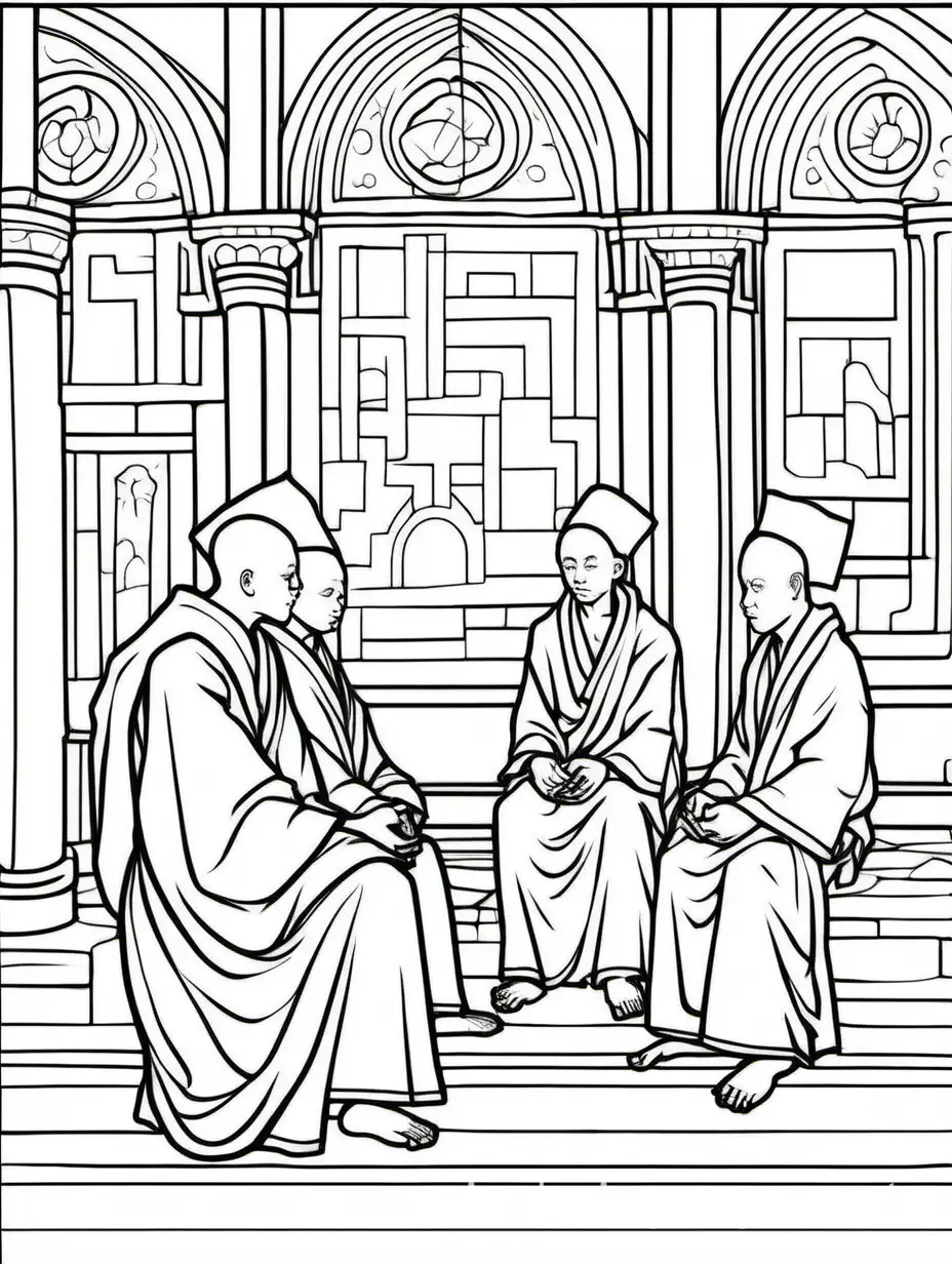 an old monastery with younger monks and old  monk , dressed in simple earth-colored robes, talk together sitting in monastery room. The monk is absorbed in the beauty , Coloring Page, black and white, line art, white background, Simplicity, Ample White Space. The background of the coloring page is plain white to make it easy for young children to color within the lines. The outlines of all the subjects are easy to distinguish, making it simple for kids to color without too much difficulty, Coloring Page, black and white, line art, white background, Simplicity, Ample White Space. The background of the coloring page is plain white to make it easy for young children to color within the lines. The outlines of all the subjects are easy to distinguish, making it simple for kids to color without too much difficulty