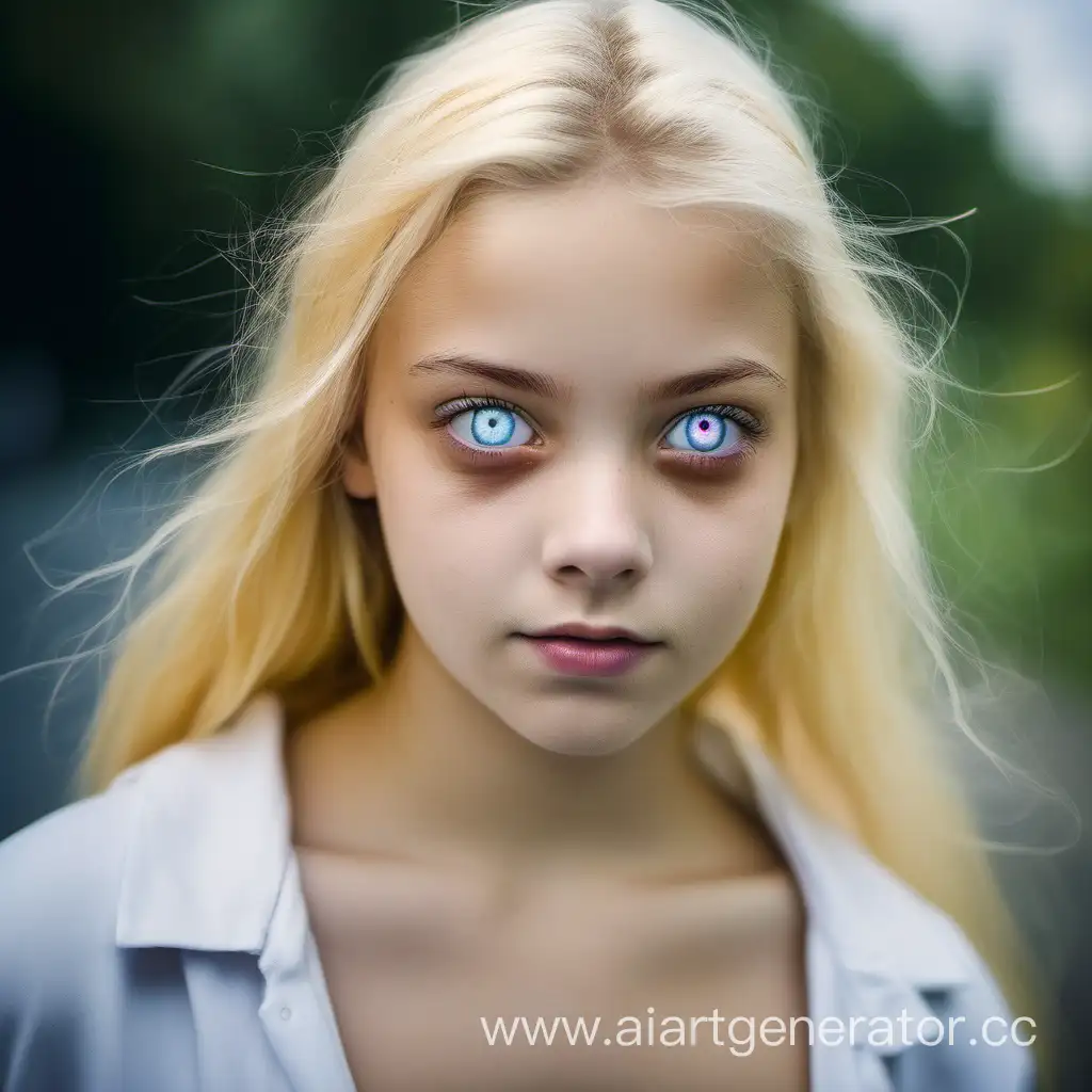 Blonde girl with heterochromia, second breast size 16 years old

