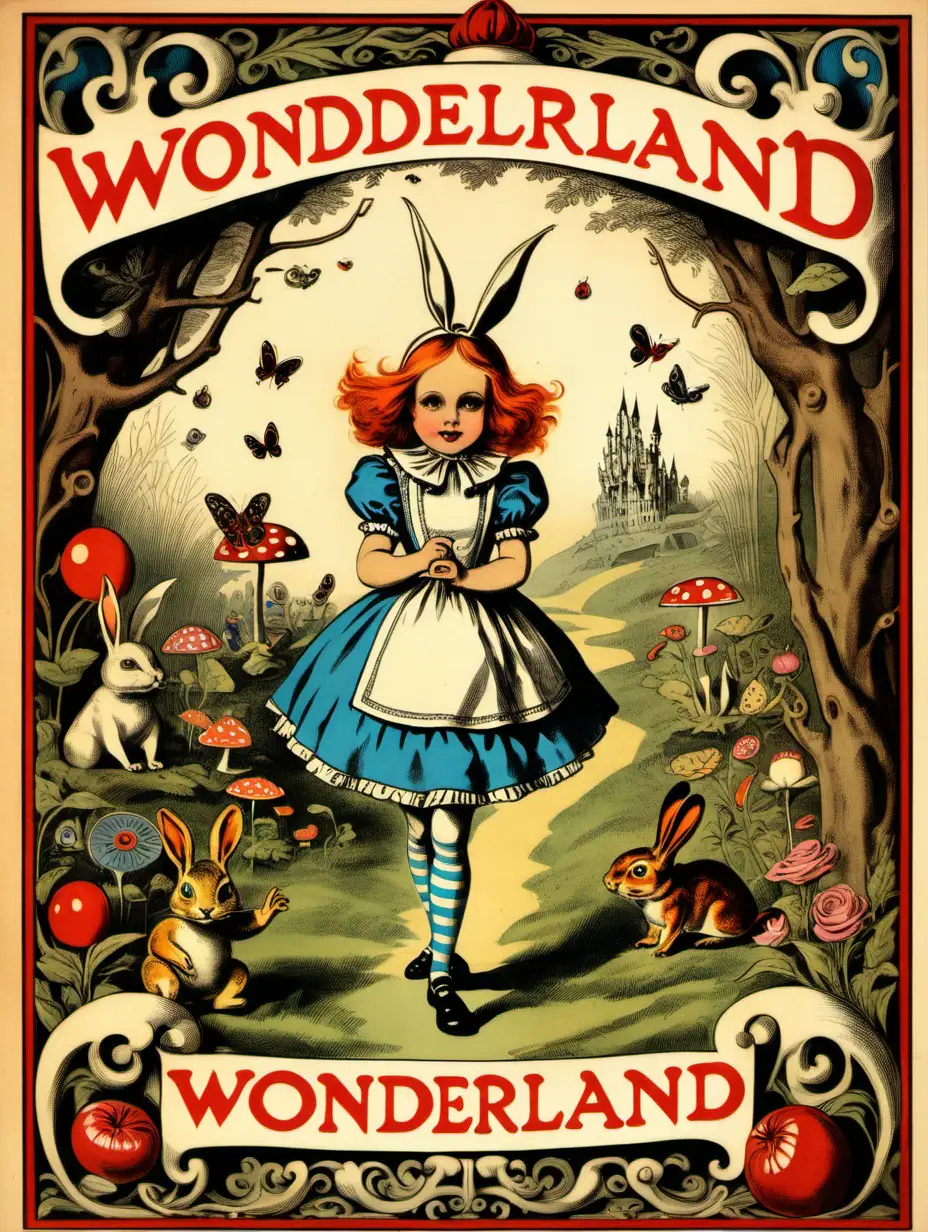 "Wonderland" vintage Children's book cover in the style of Franz Hein

