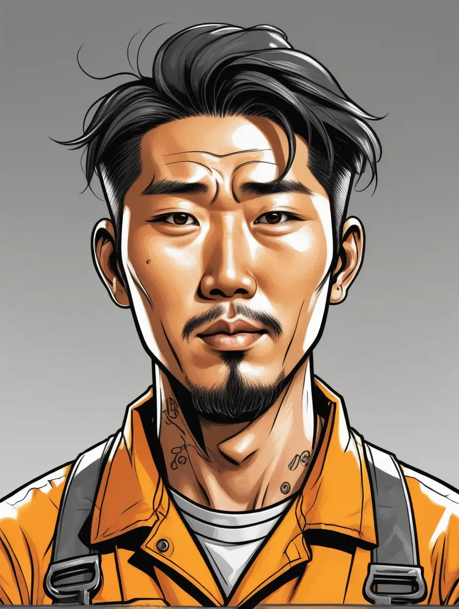 Inked comic art style close up portrait of a slight, cheerful korean man in his thirties who is a mechanic. Seriouse expression. He is wearing a yellow orange uniform.