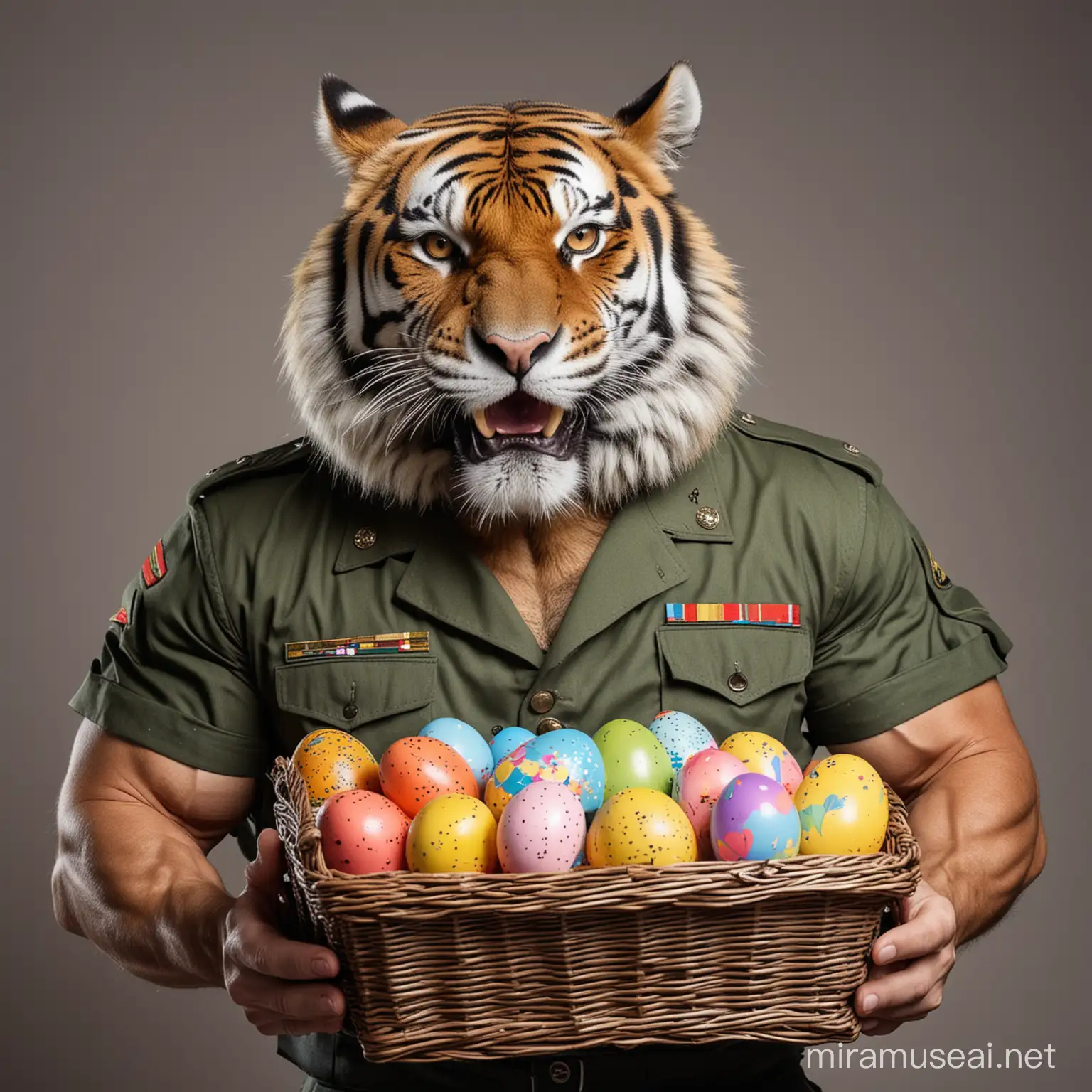 angry muscular tiger in military uniform, he holds the basket with Easter eggs