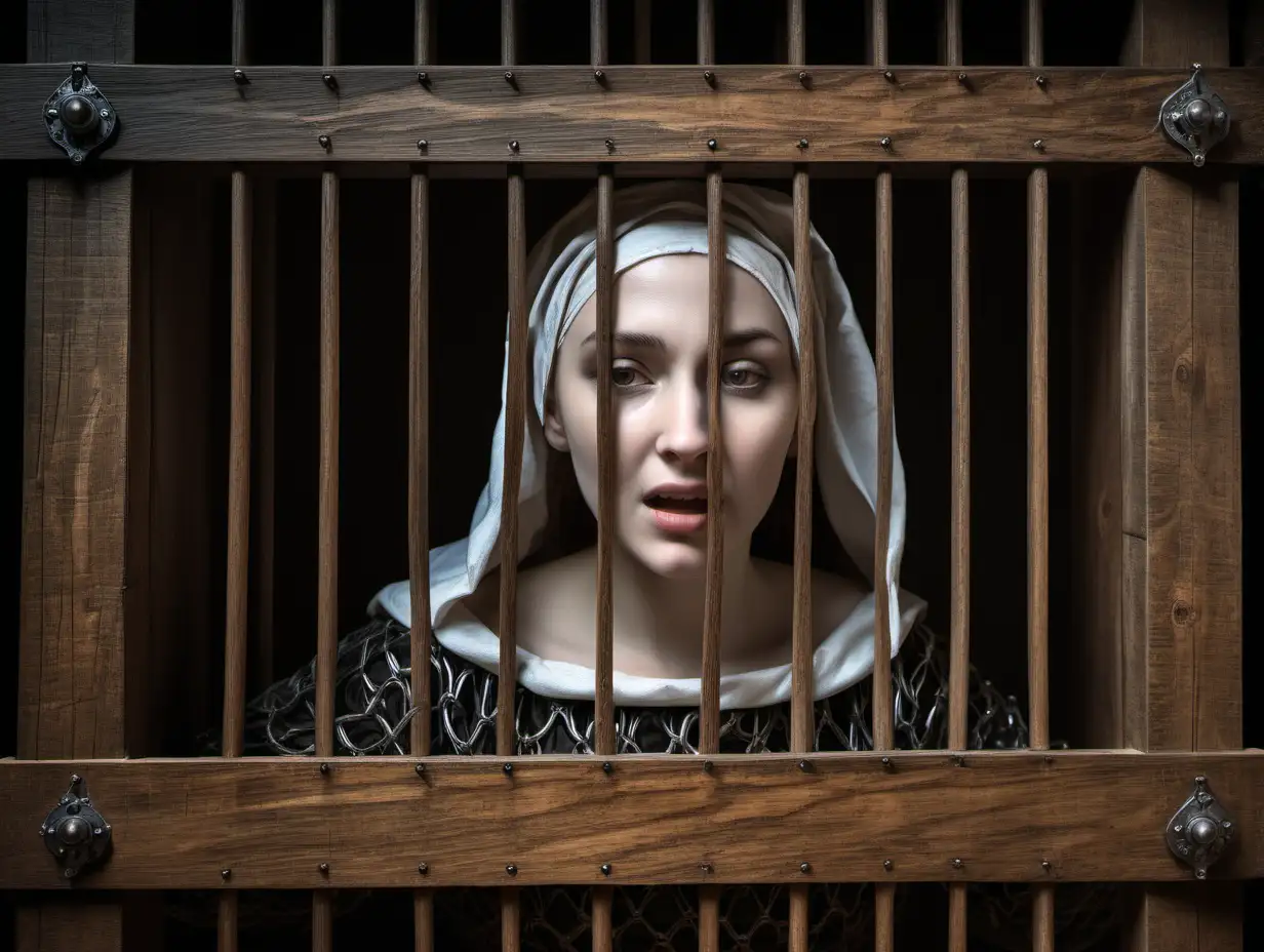 A medieval woman closed into wooden cage