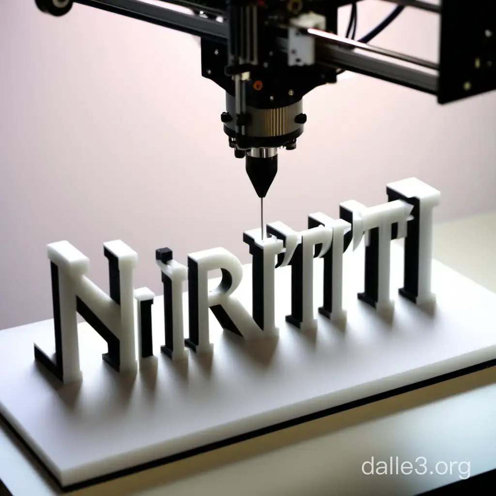 3d printer prints the three-dimensional word with text "Nirriti"