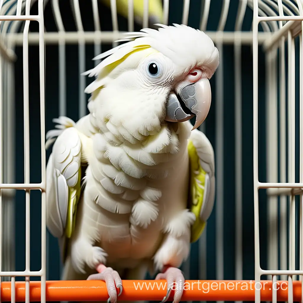 a small white parrot in a cage
