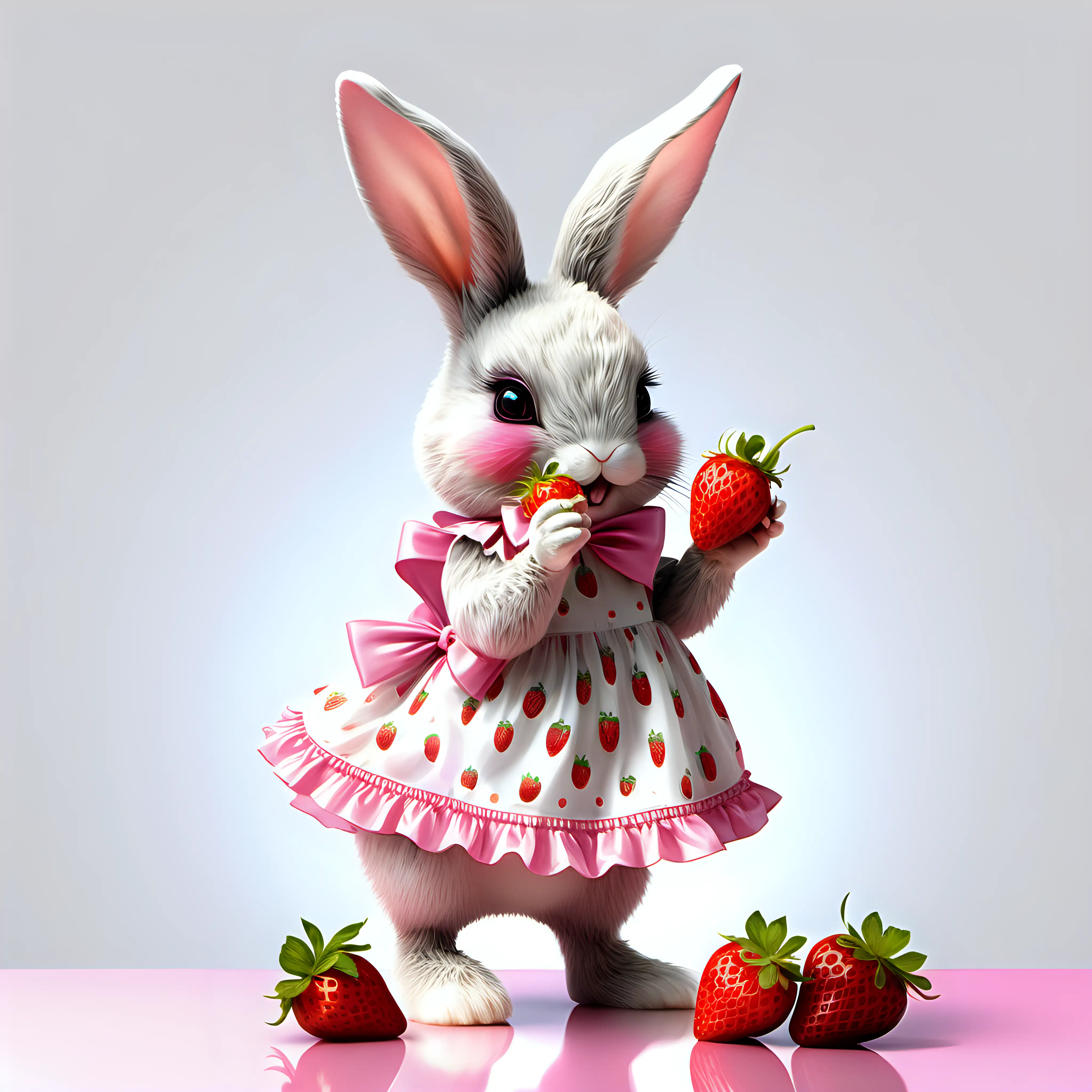 Cute coquette bunny with pink bows picking strawberries on translucent background