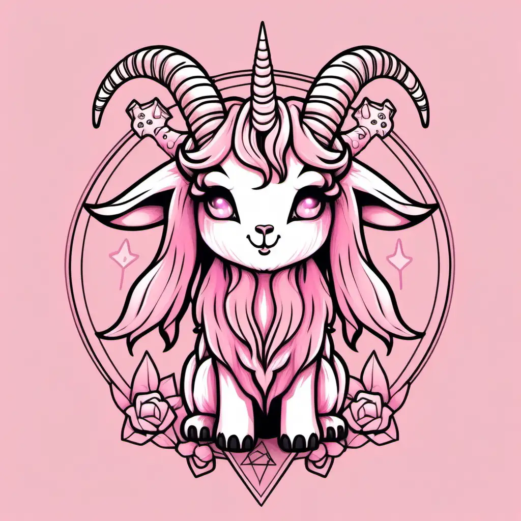 Adorable goat baphomet in a cute pastel pink goth chibi style drawn line illustratation
