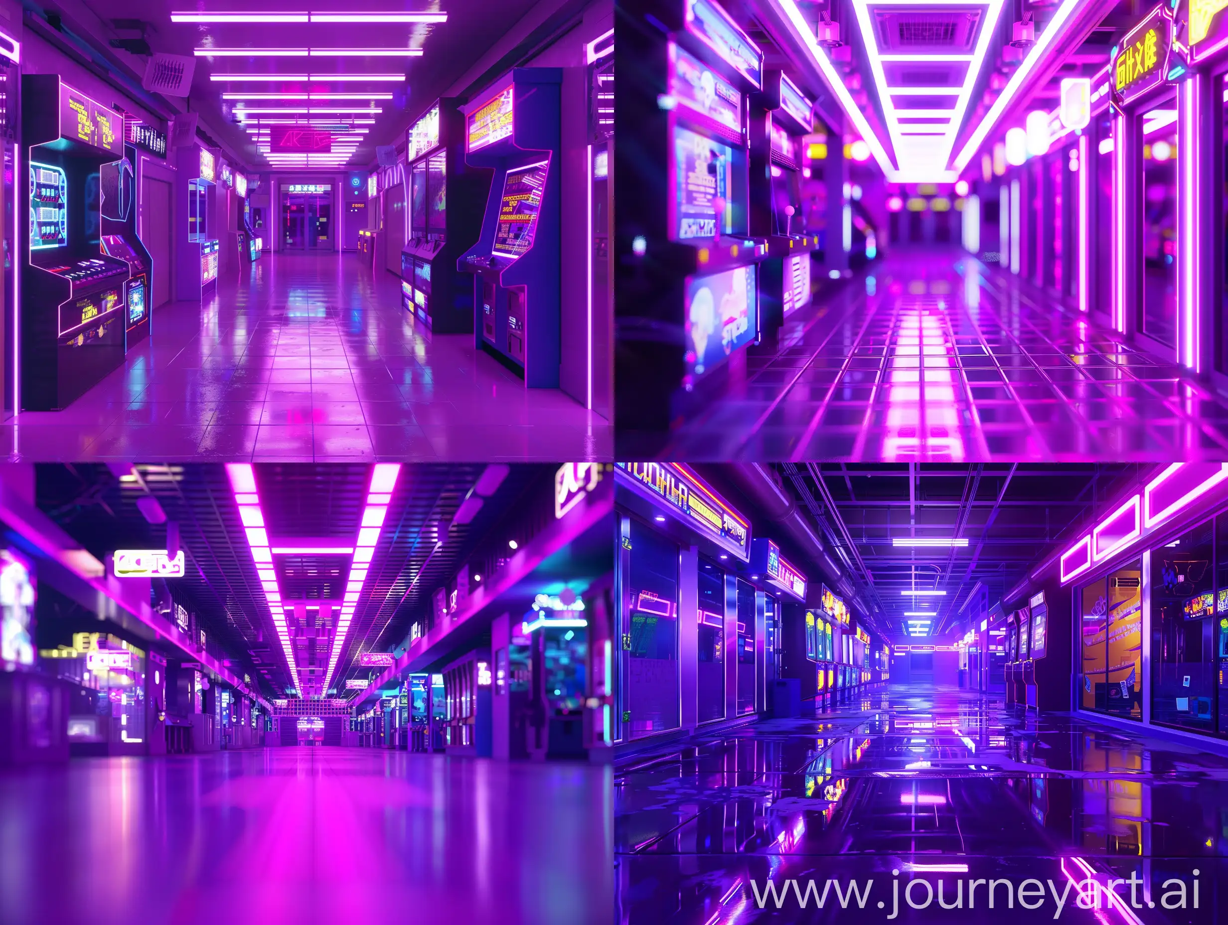 Futuristic-Cyberpunk-Arcade-Scene-with-Neon-Glow-on-Purple-Background