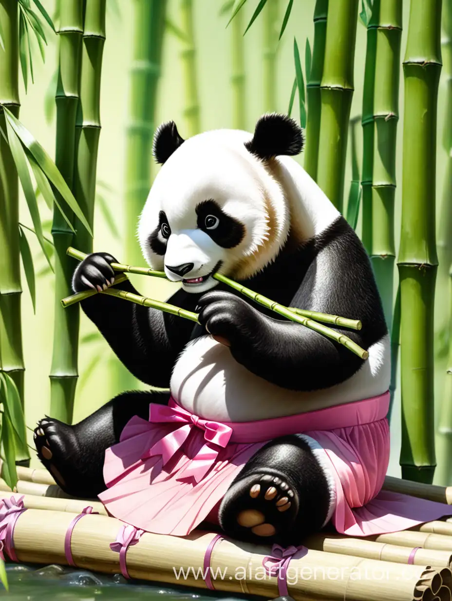 Панда с бантиками в розовой юбке есть бамбук сидя под солнцем 