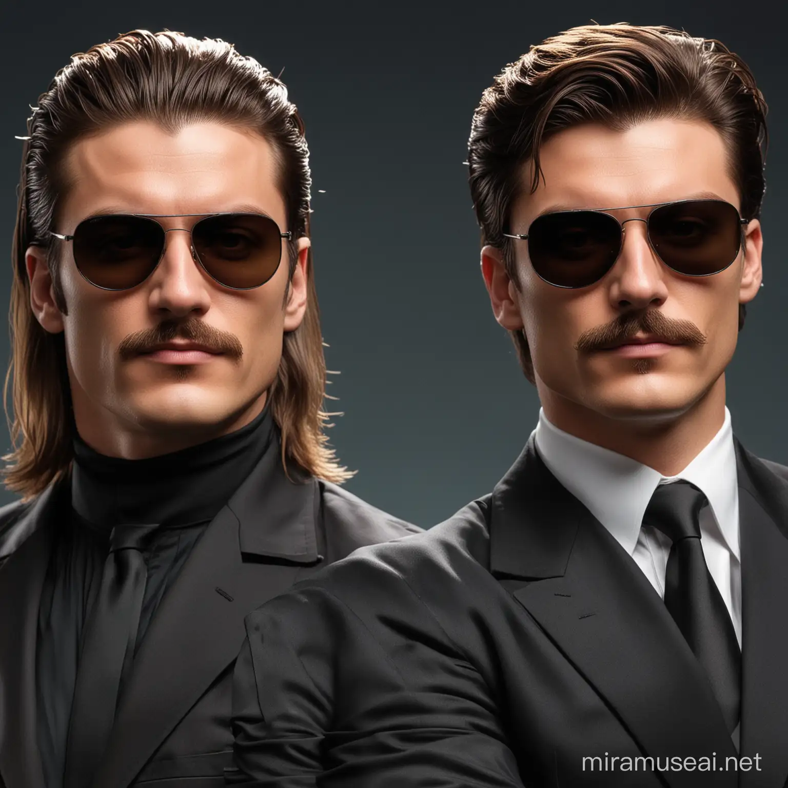 2 secret agents back to back with their arms crossed, both have black suits and tinted aviator glasses on, one has a mullet and a mustache and the other has greased side parting hair with no mustache 